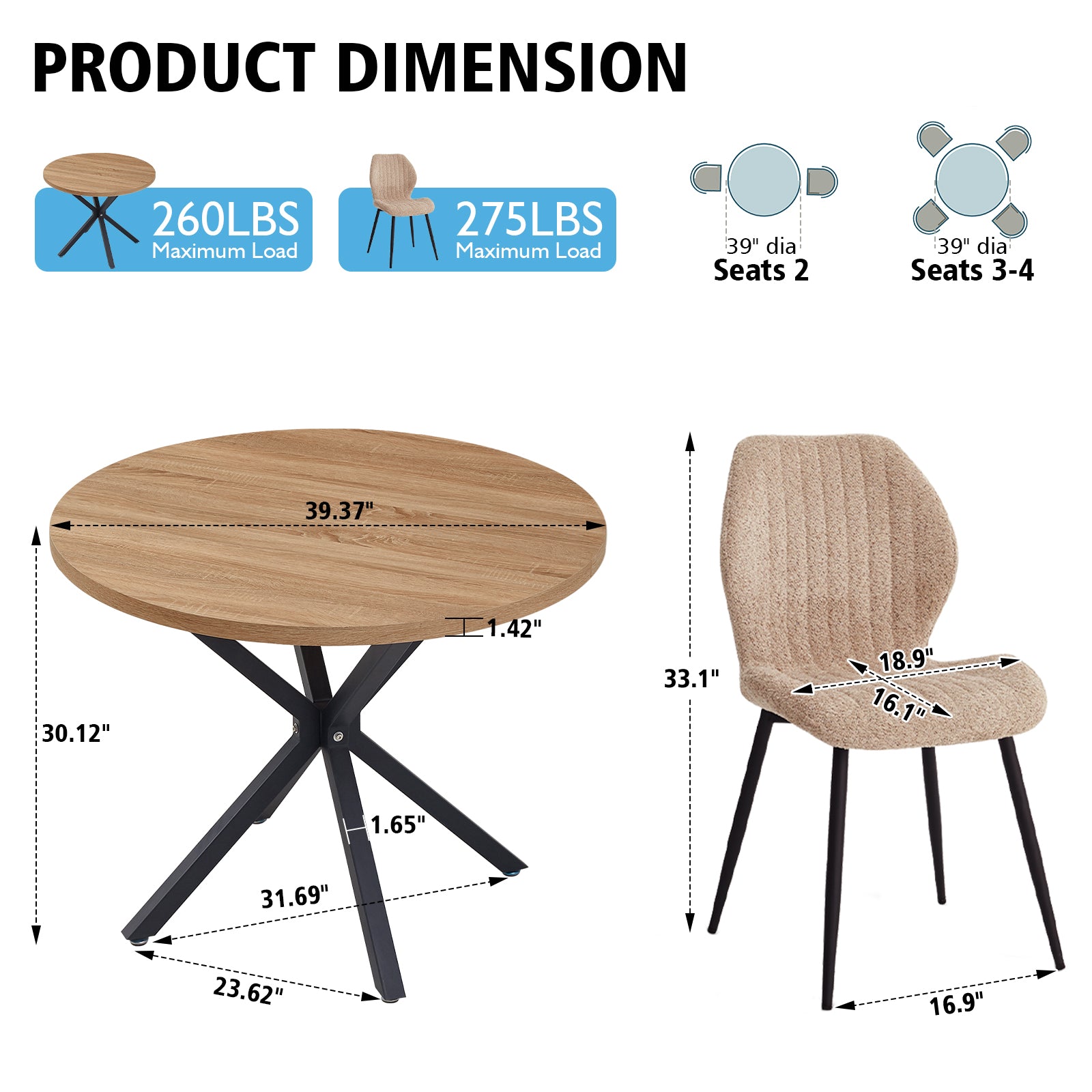 39" Round Dining Table Set for 4, Mid Century Kitchen Table with 4 Brown Upholstered Dining Chairs for Apartment Living Room Space Saving,Brown Table