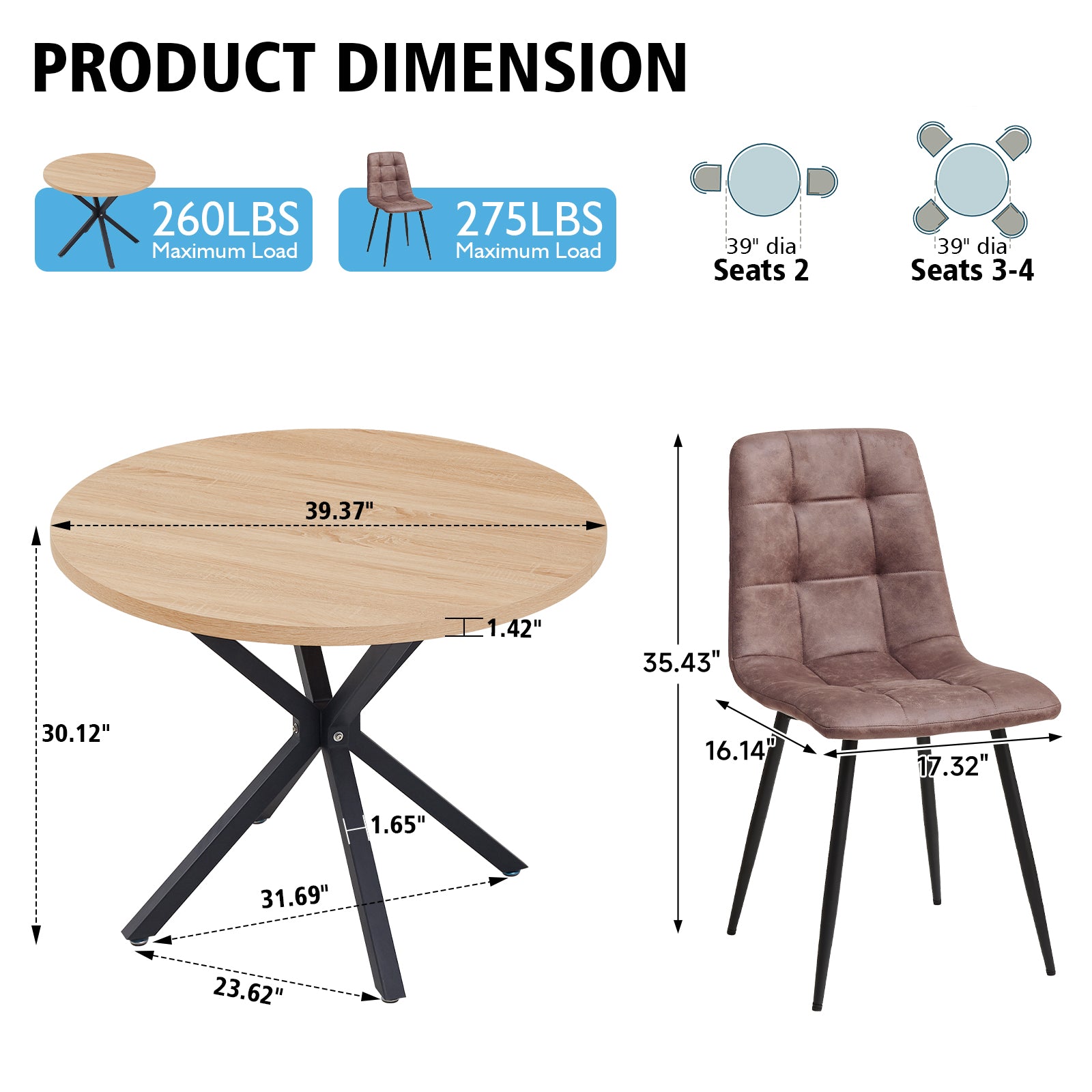5 Pieces Round Dining Table Set - Mid-Century Oak Dining Table with 4 Brown Faux Leather Chairs Set, Coffee Table & Chairs with Black Metal Legs for Kitchen Dining Room, Apartment