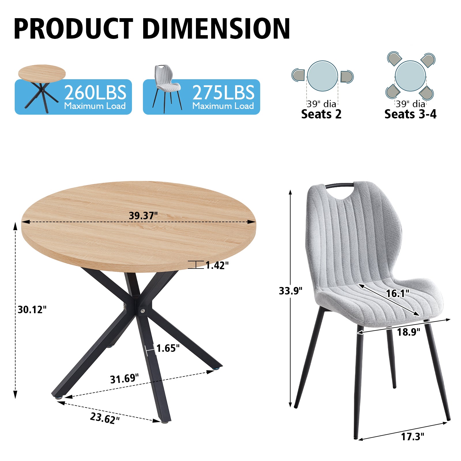 5 Piece 39" Round Dining Table Set for 4, Mid Century Kitchen Table with 4 Khaki Gray Upholstered Dining Chairs for Apartment Living Room, Space Saving Table.