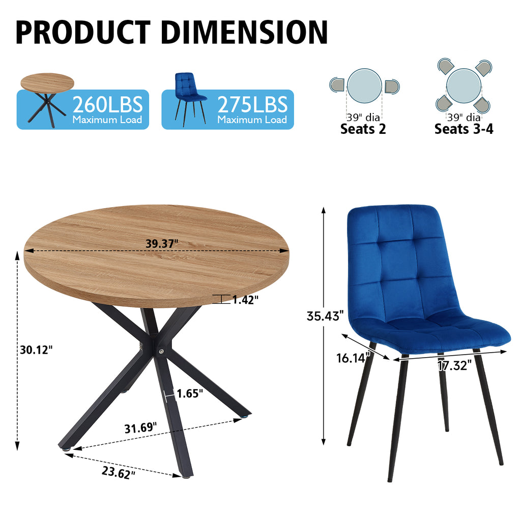 5 Piece Round Dining Table Chairs Set for 4 - Mid-Century Modern Brown Kitchen Table with 4 Blue Velvet Chairs, Coffee Table & Chair with Black Metal Legs for Dining Living Room, Apartment