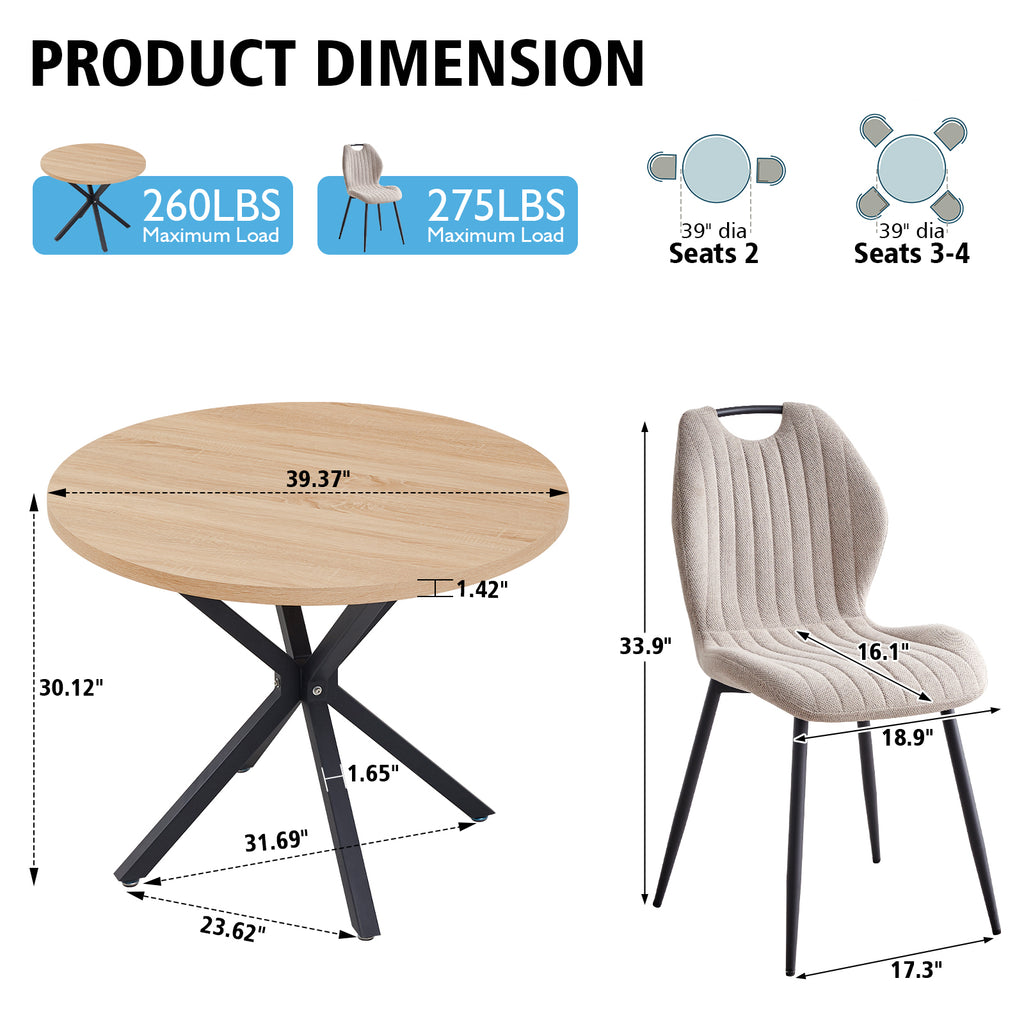 5 Piece 39" Round Dining Table Set for 4, Mid Century Kitchen Table with 4 Khaki Fabric Upholstered Dining Chairs for Apartment Living Room, Space Saving Table.