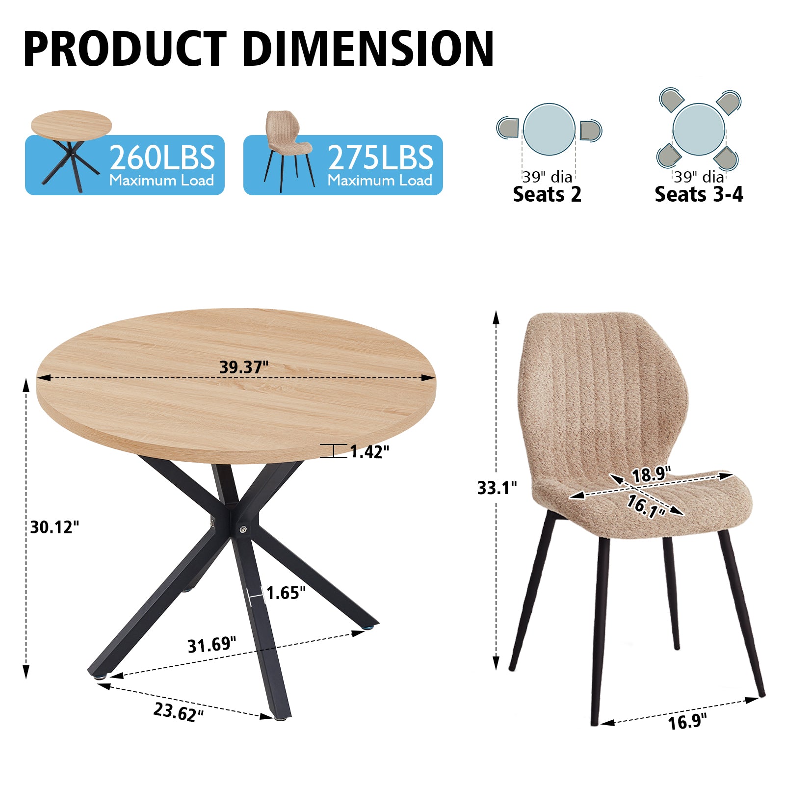 39" Round Dining Table Set for 4, Mid Century Kitchen Table with 4 Brown Upholstered Dining Chairs for Apartment Living Room Space Saving,Natural Table