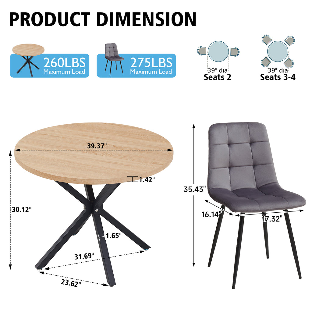 39" Round Dining Table Set for 4, Mid Century Kitchen Table with 4 Grey Velvet Upholstered Dining Chairs for Apartment Living Room Space Saving