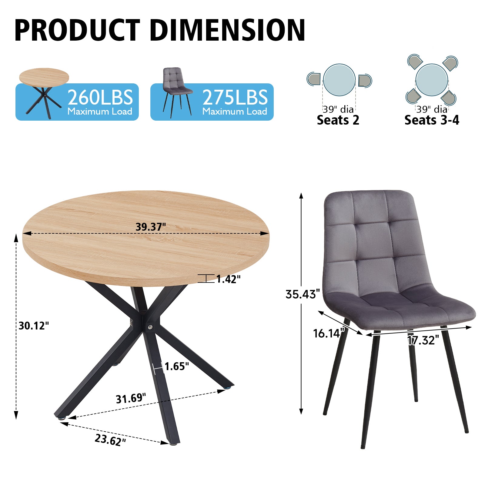 39" Round Dining Table Set for 4, Mid Century Kitchen Table with 4 Grey Velvet Upholstered Dining Chairs for Apartment Living Room Space Saving