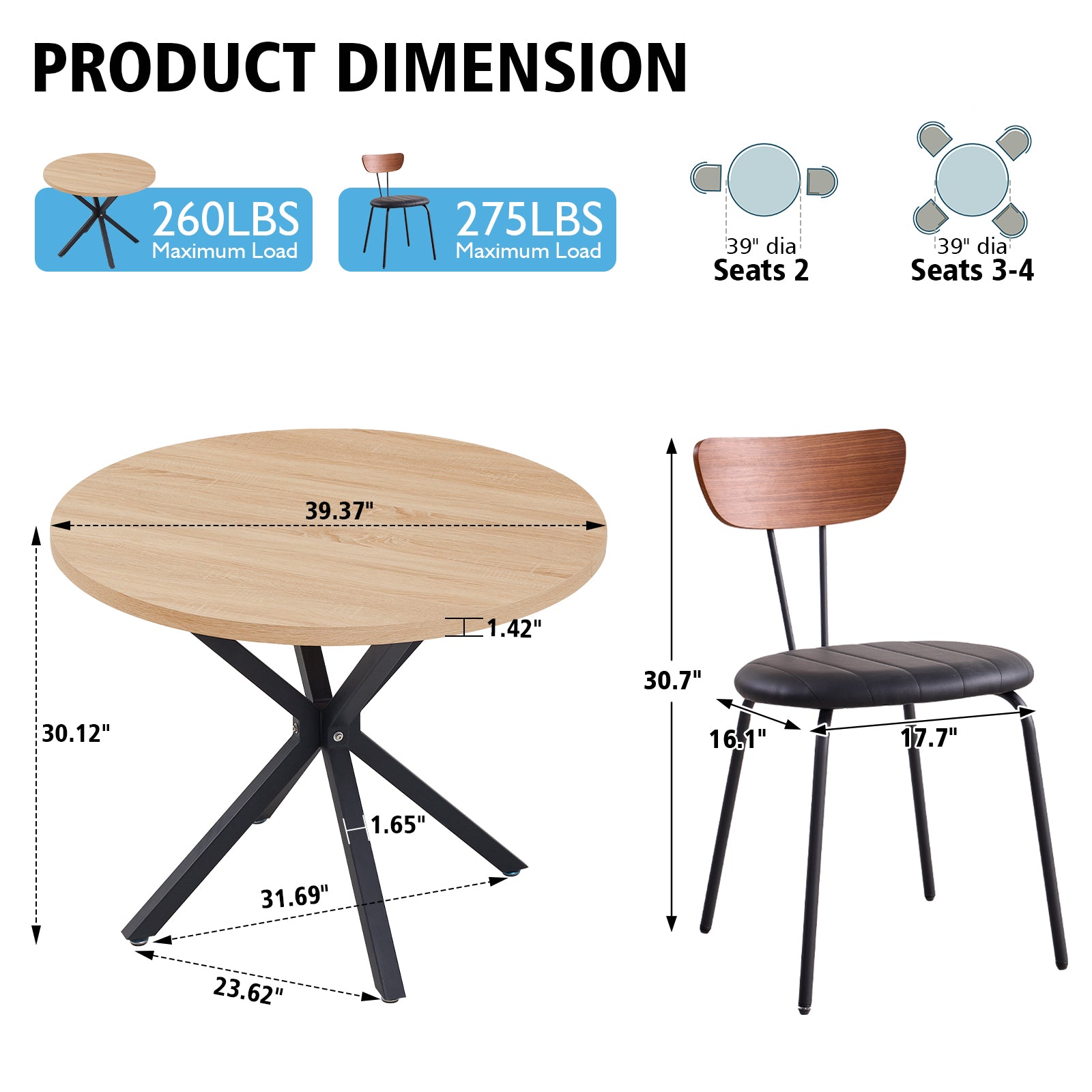 39" Round Dining Table Set for 4, Mid Century Kitchen Table with 4 Stackable Dining Chairs for Apartment Living Room Space Saving, Black