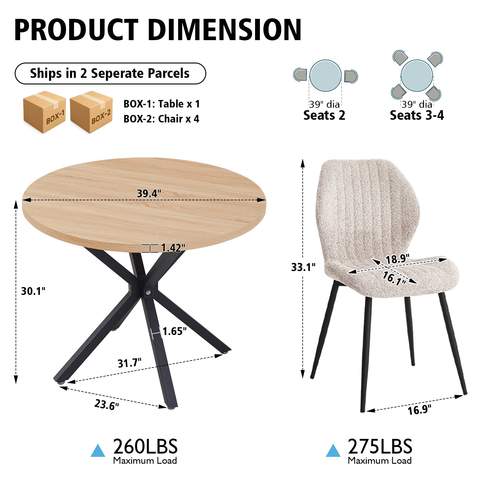 39" Round Dining Table Set for 4, Mid Century Kitchen Table with 4 Beige Upholstered Dining Chairs for Apartment Living Room Space Saving,Natural Table
