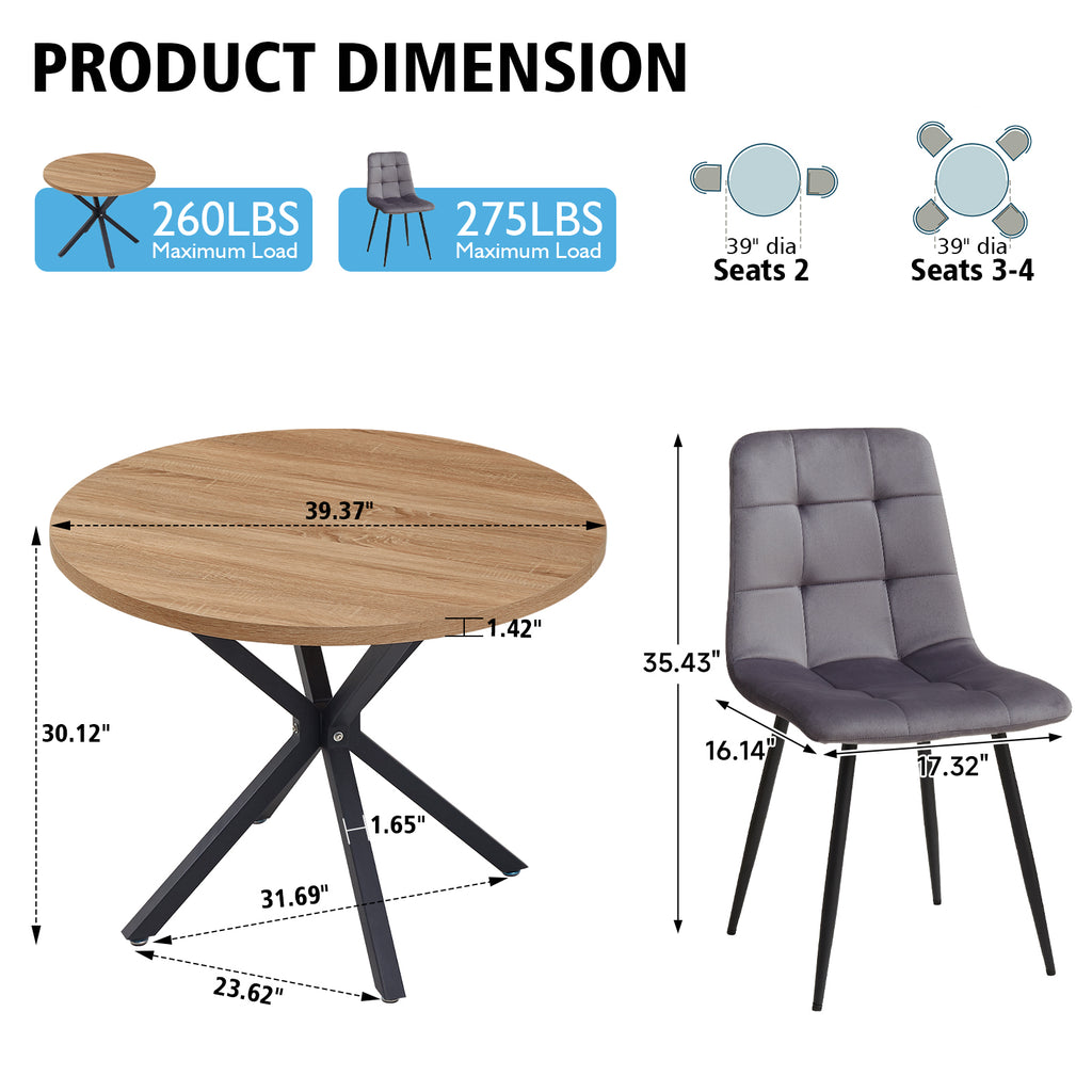 5 Pieces Round Dining Table Set - Mid-Century Brown Dining Table with 4 Gray Velvet Chairs Set, Coffee Table & Chairs with Black Metal Legs for Kitchen Dining Room, Apartment