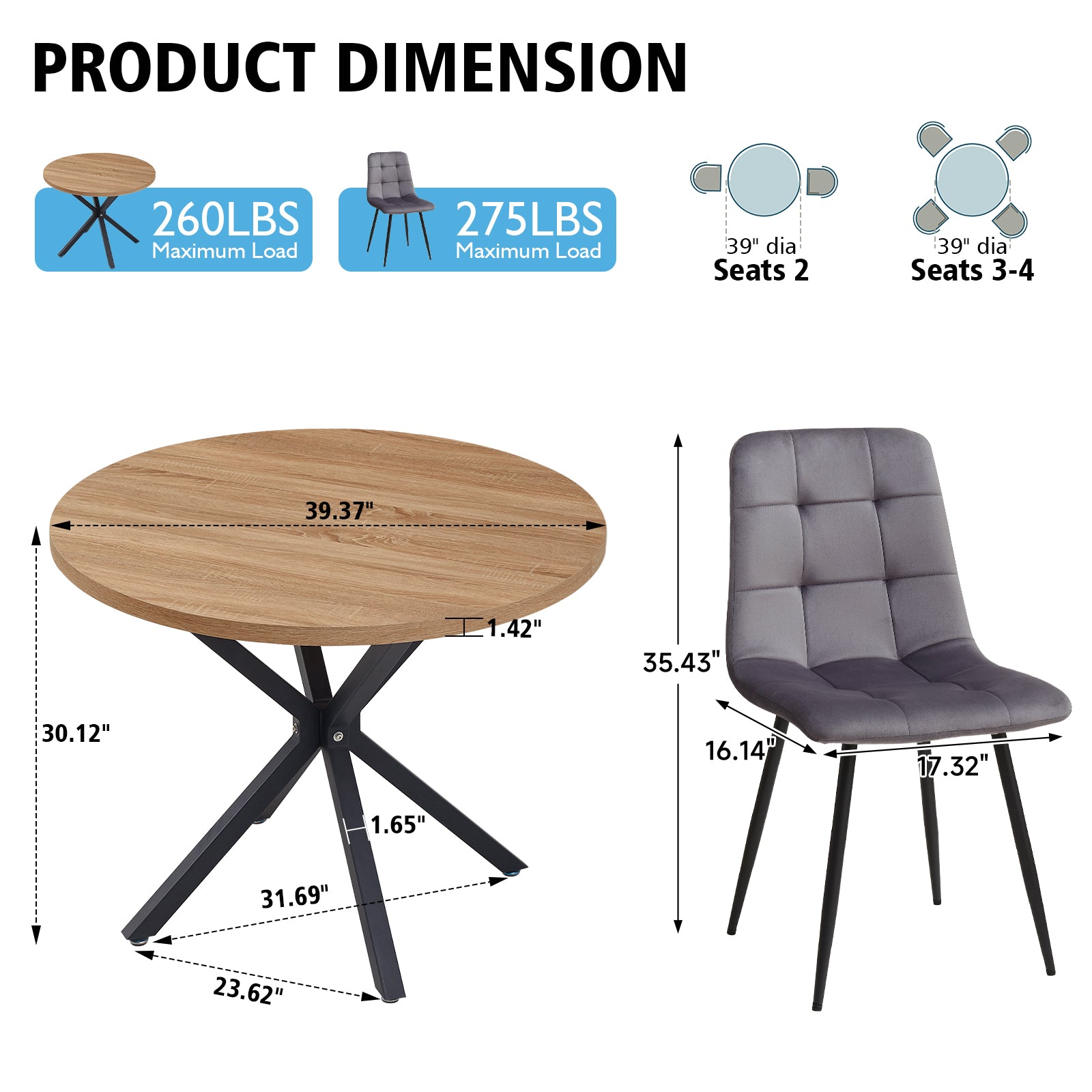5 Pieces Round Dining Table Set - Mid-Century Brown Dining Table with 4 Gray Velvet Chairs Set, Coffee Table & Chairs with Black Metal Legs for Kitchen Dining Room, Apartment