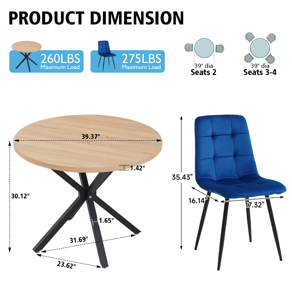 5 Piece Round Dining Table Chairs Set for 4 - Mid-Century Modern Oak Kitchen Table with 4 Blue Velvet Chairs, Coffee Table & Chair with Black Metal Legs for Dining Living Room, Apartment