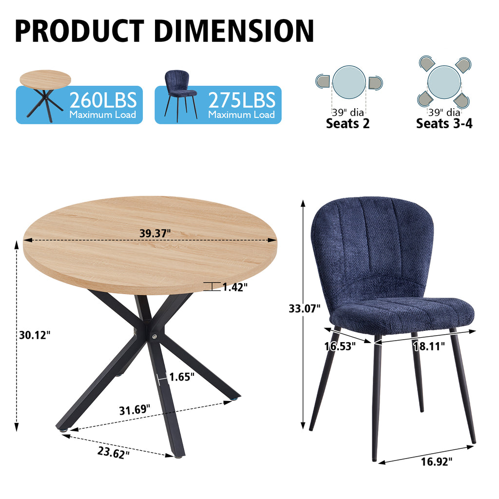 39" Round Dining Table Set for 4, Mid Century Kitchen Table with 4 Upholstered Accent Chenille Dining Chairs for Apartment Living Room, Space Saving, Blue