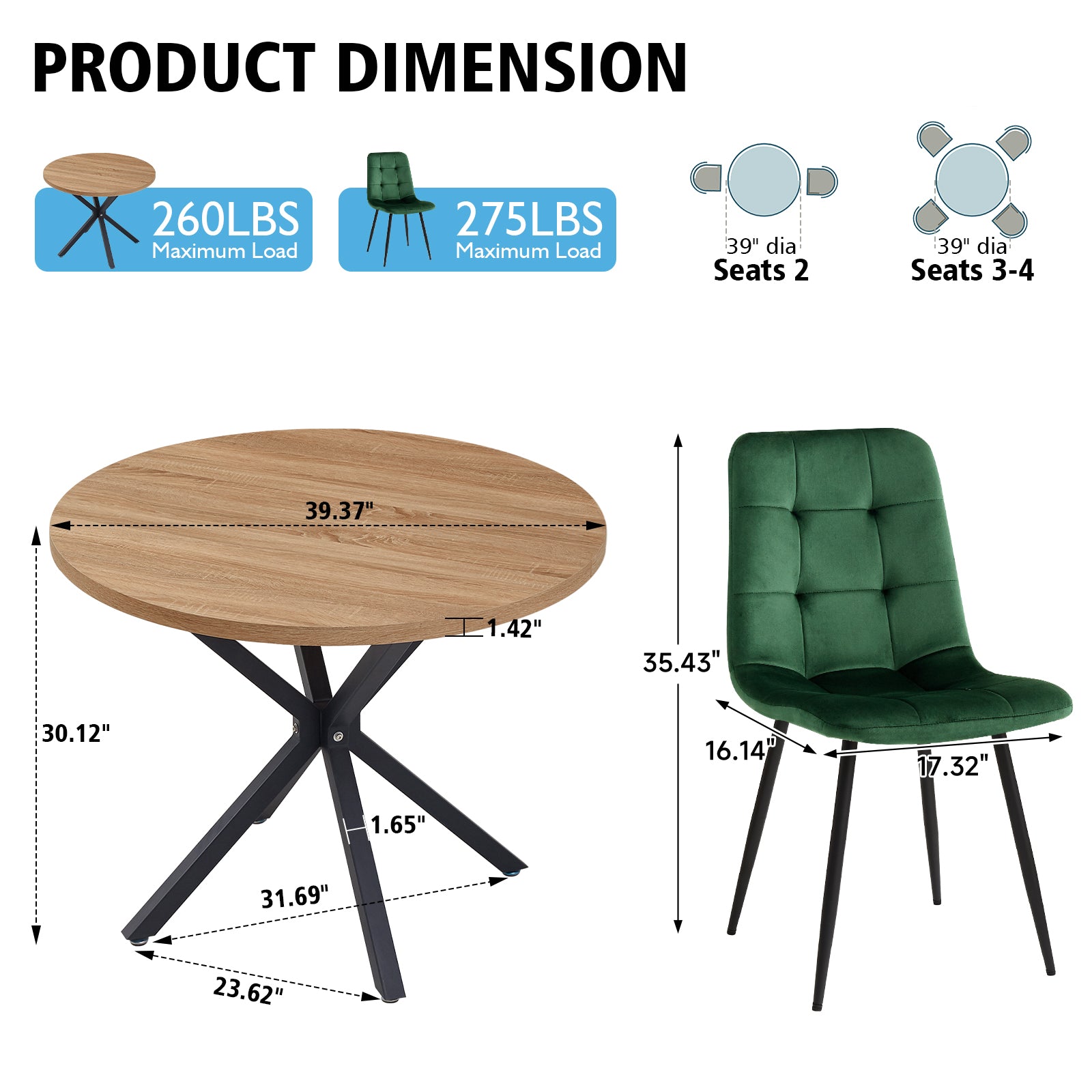 5 Pieces Round Dining Table Set - Mid-Century Modern Brown Dinner Table with 4 Green Velvet Chairs Set, Coffee Table & Chair with Black Metal Legs for Kitchen Dining Room, Apartment