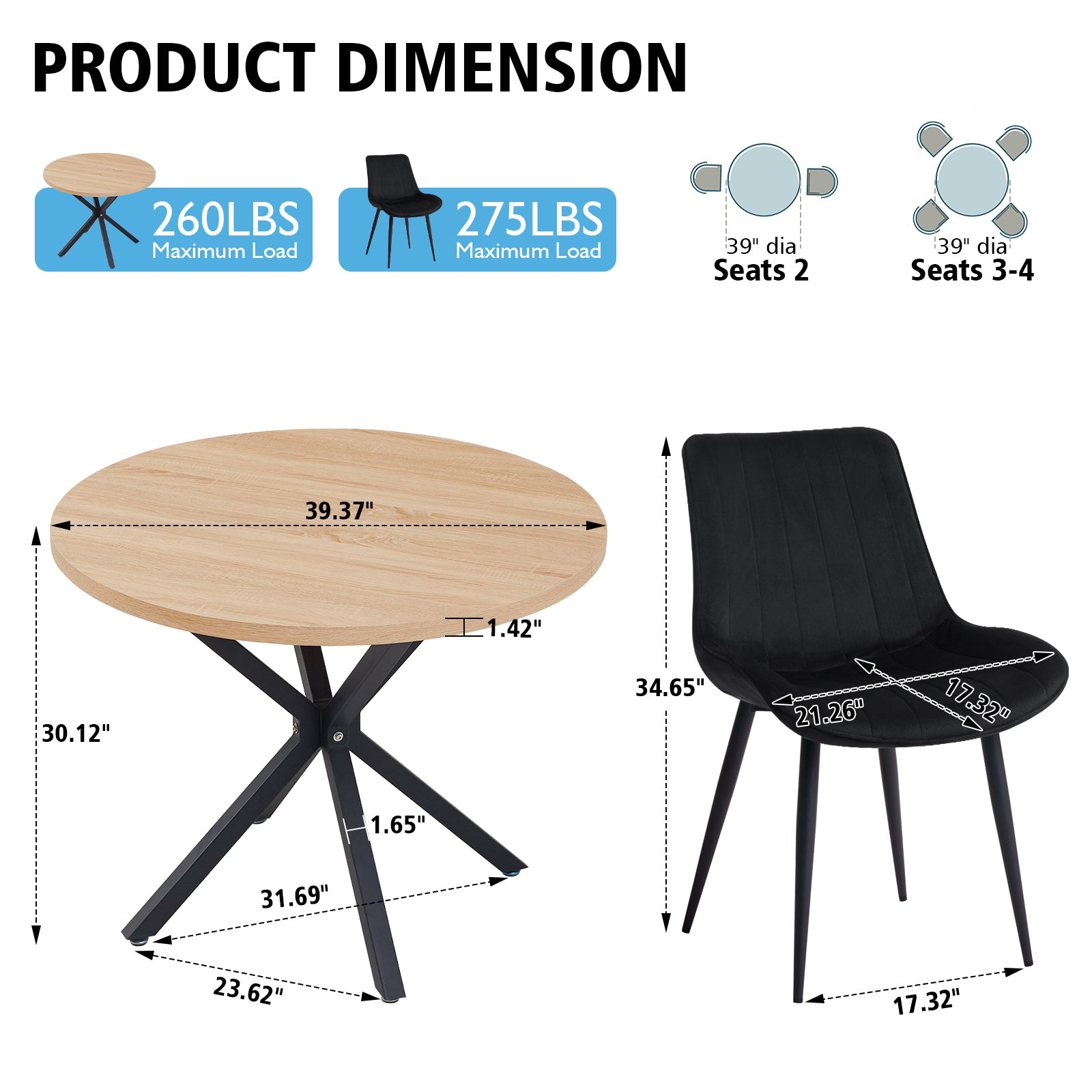 39" Round Dining Table Set for 4, Mid Century Kitchen Table with 4 Black Upholstered Dining Chairs for Apartment Living Room Space Saving,Natural Table