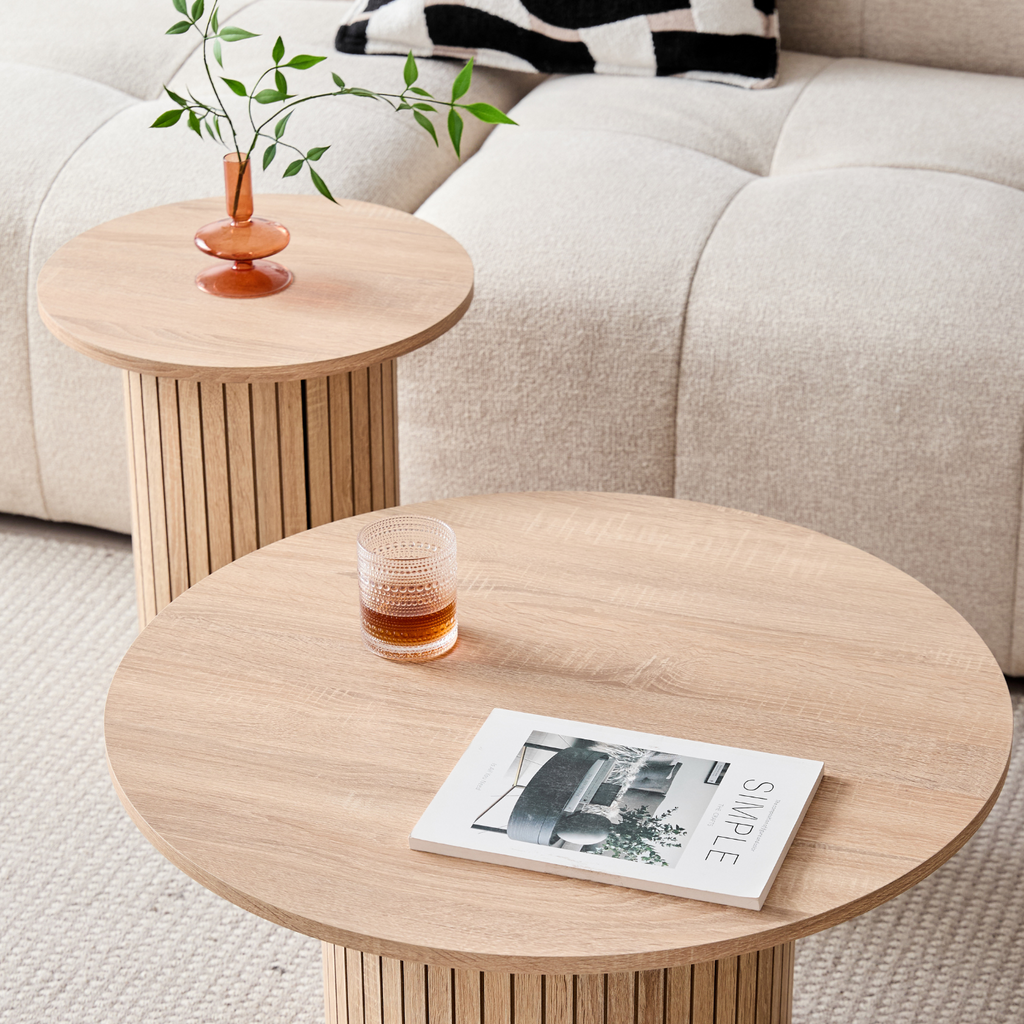 Round Nesting Coffee Tables Set of 2, Boho Wood Circle Side Table Fluted Drum, Farmhouse End Table for Living Room Bedroom, Apartment(Natural)