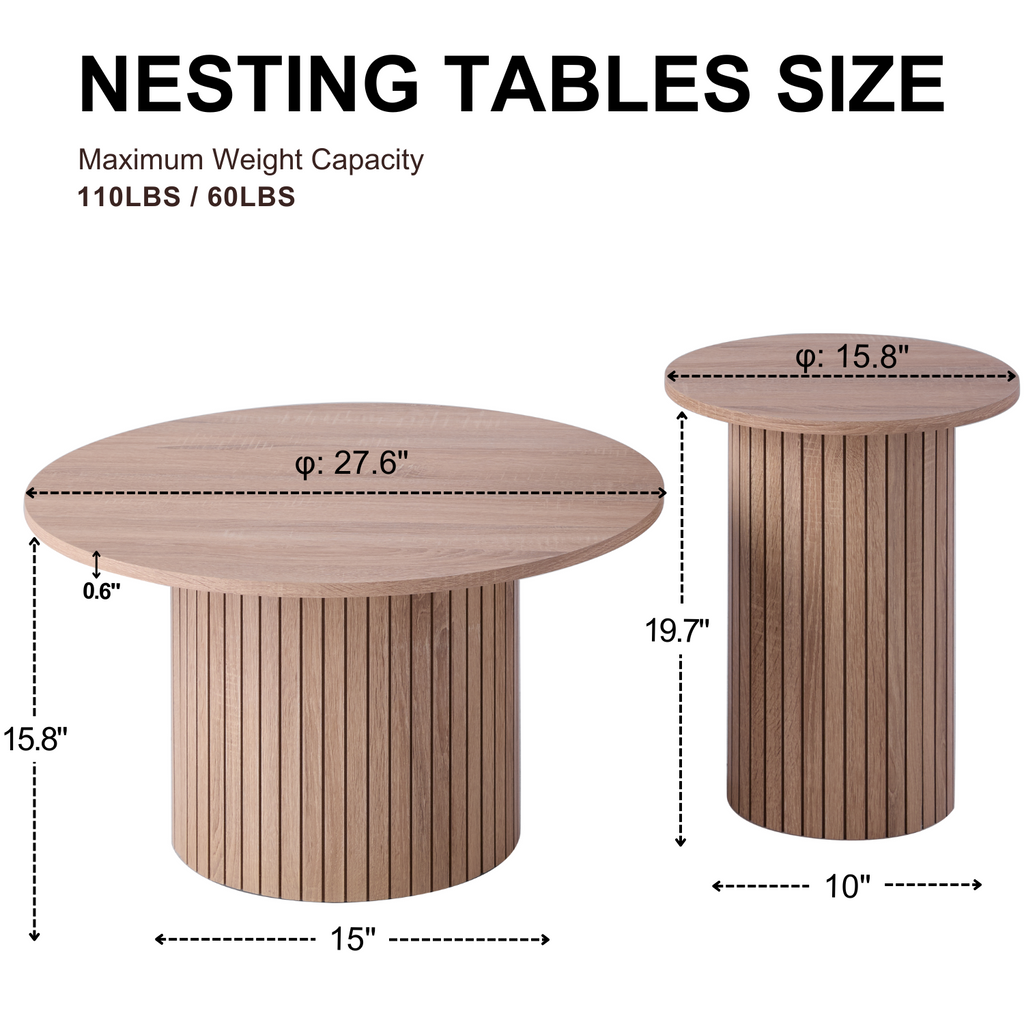 Round Nesting Coffee Tables Set of 2, Boho Wood Circle Side Table Fluted Drum, Farmhouse End Table for Living Room Bedroom, Apartment(Natural)