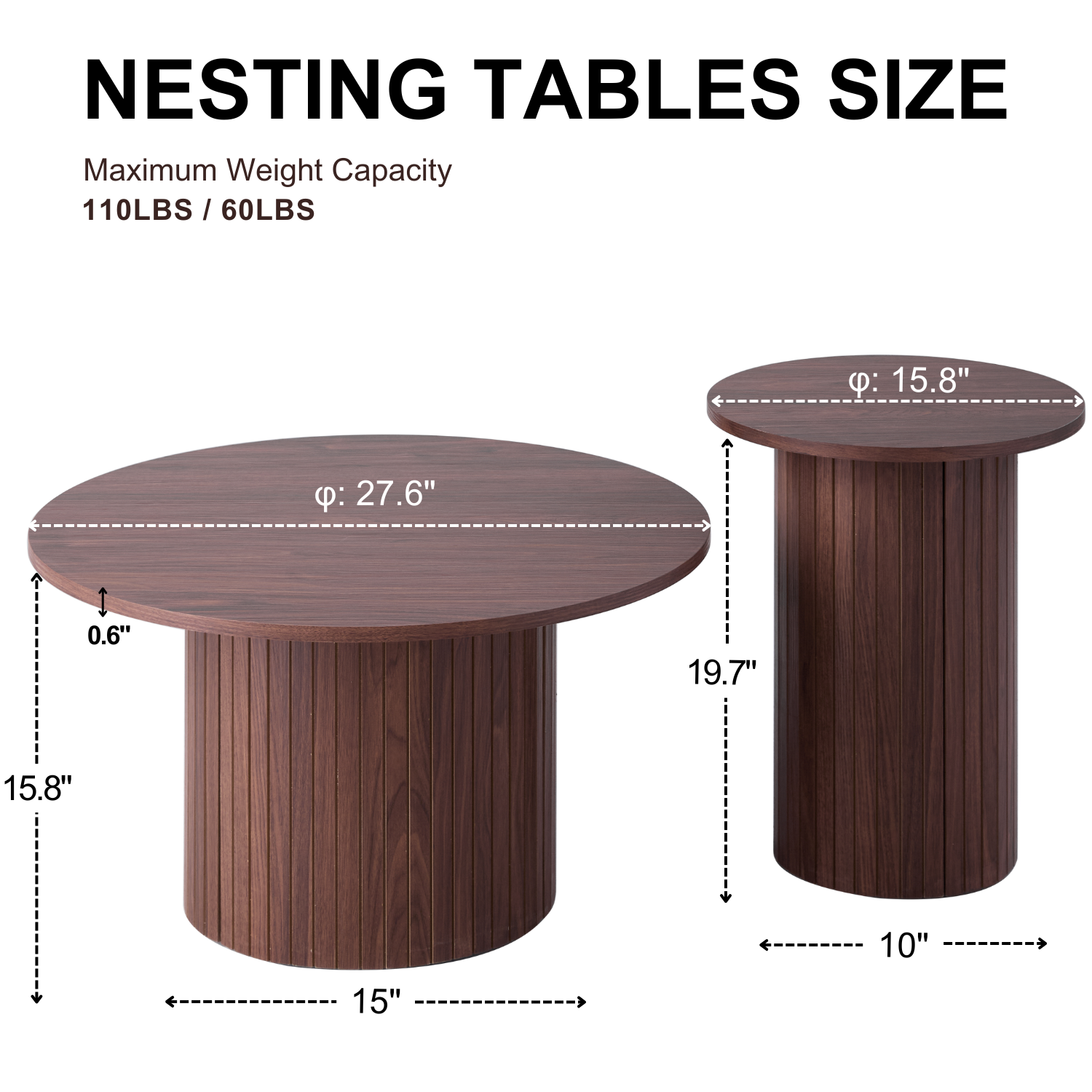 Round Nesting Coffee Tables Set of 2, Boho Wood Circle Side Table Fluted Drum for Living Room Bedroom, Apartment(Walnut)