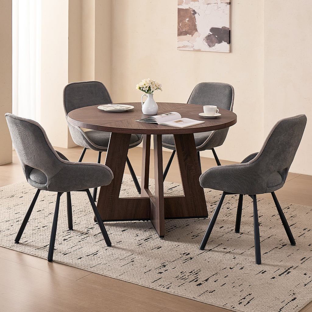 5 Piece 47" Round Dining Table Set for 4, [Fanned Base] [1.38" Thick Top] Wood Kitchen Table with 4 Swivel Dining Chairs, Grey