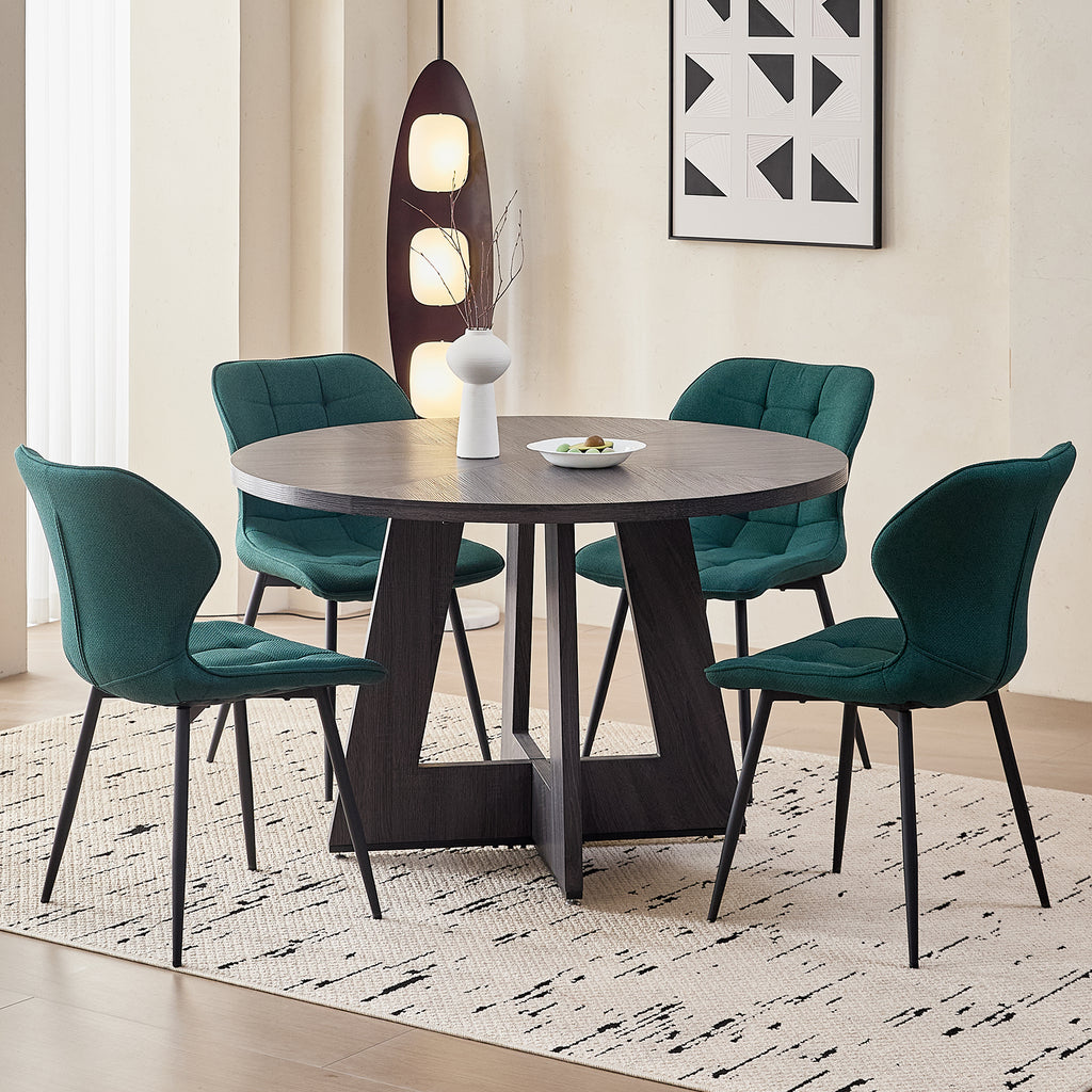 5 Piece 47'' Round Dining Table Chairs Set for 4, Farmhouse Grey Kitchen Table with Chairs Mid Century Modern Dinning Room Set Wood Kitchen Table with 4 Water-Resistant Fabric Dining Chairs, Green