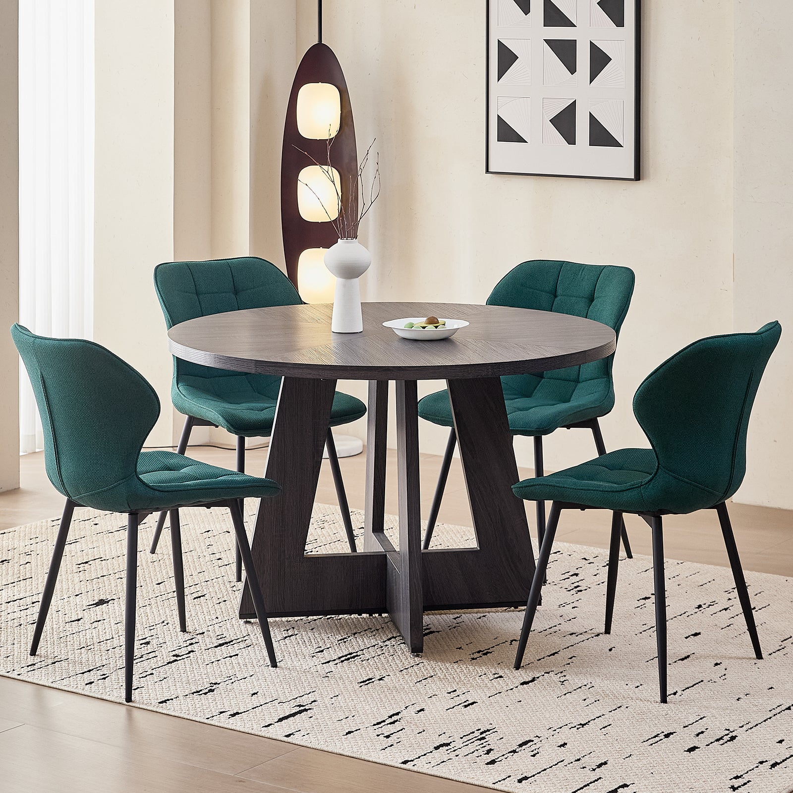 5 Piece 47'' Round Dining Table Chairs Set for 4, Farmhouse Grey Kitchen Table with Chairs Mid Century Modern Dinning Room Set Wood Kitchen Table with 4 Water-Resistant Fabric Dining Chairs, Green