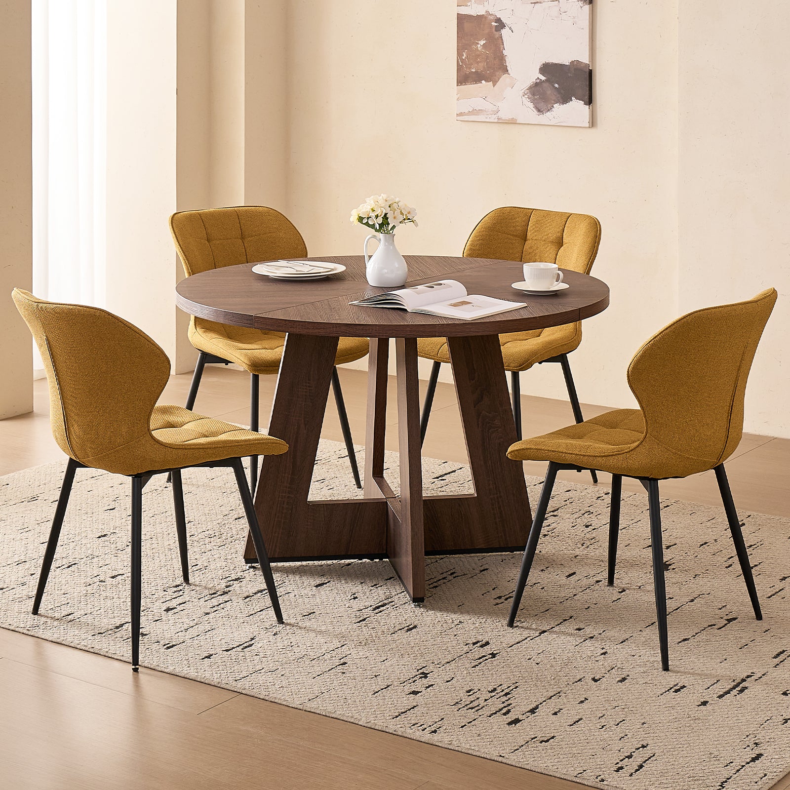 5 Piece 47'' Round Dining Table Chairs Set for 4, Farmhouse Walnut Kitchen Table and Chairs Mid Century Modern Wood Dining Table with 4 Water-Resistant Fabric Dining Chairs, Yellow