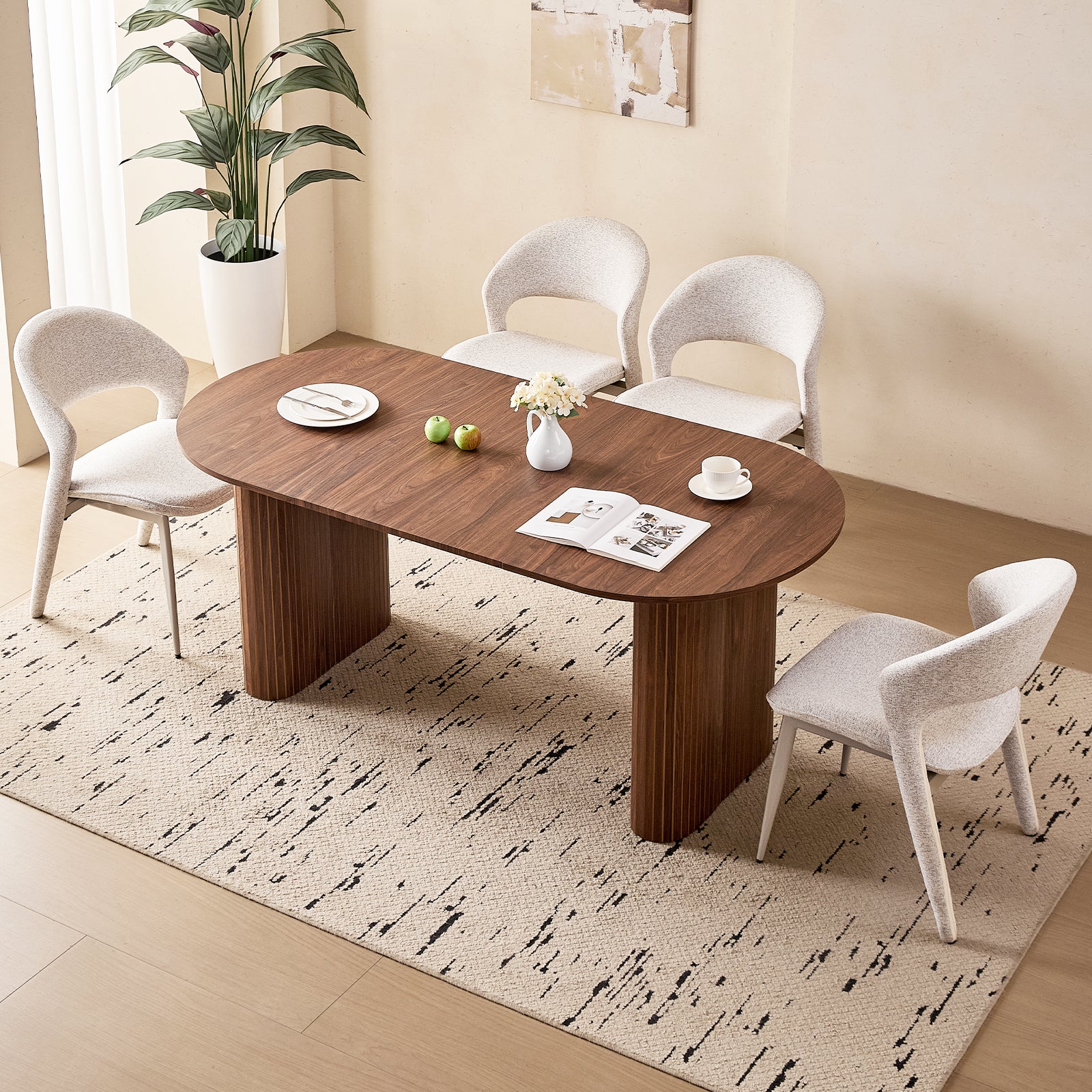 71" Brown Large Dining Table Set for 4 Modern Kitchen Table with White Linen Upholstered Kitchen Chairs Set of 4