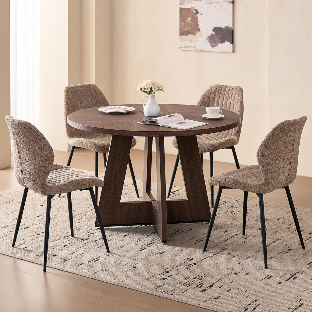 5 Piece 47'' Round Dining Table Chairs Set for 4, Farmhouse Oak Kitchen Table with 4 Scandi Mid Century Modern Dinning Room Chairs, Wood Dinner Table &Upholstered Fabric Chairs Set of 4, Brown