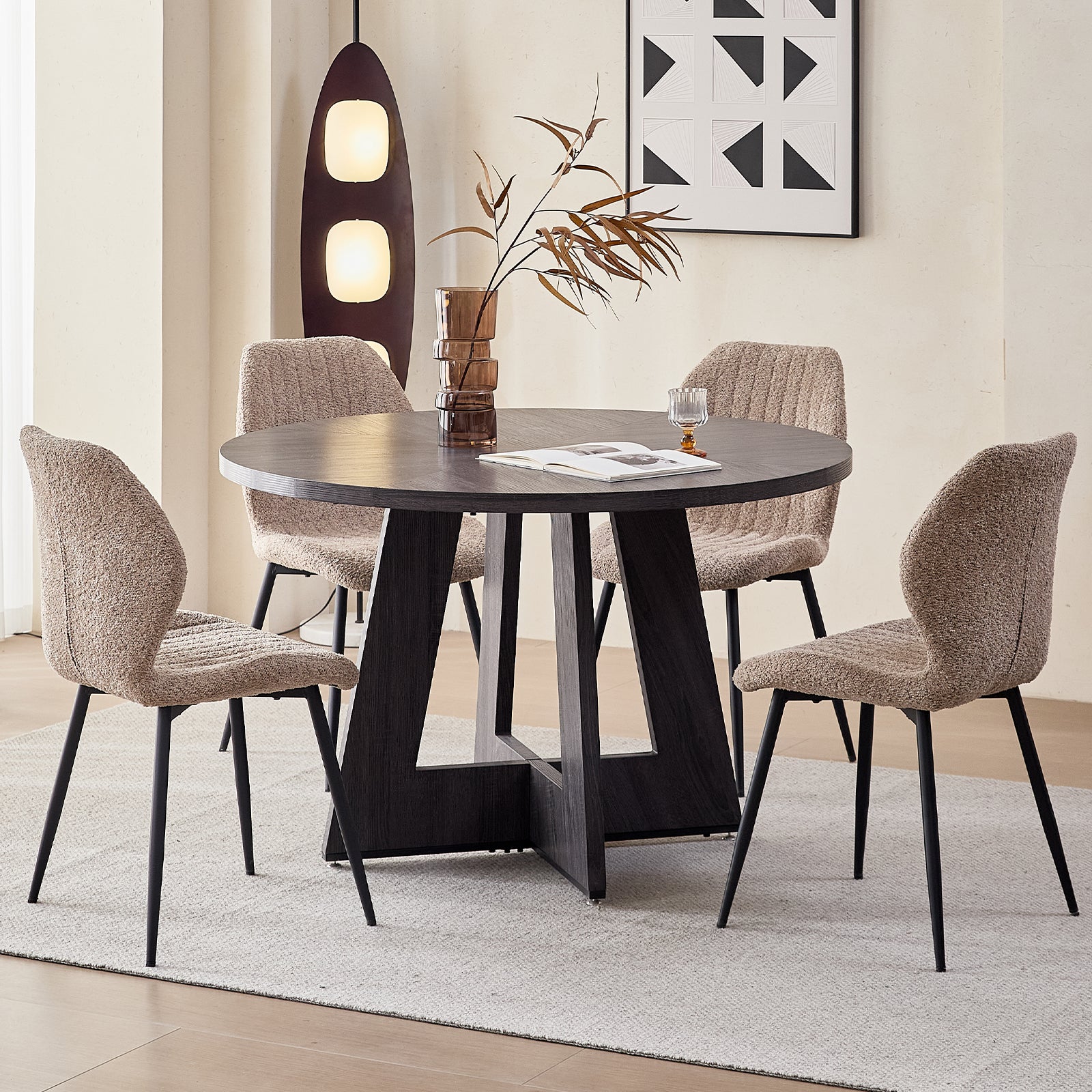 5 Piece 47'' Round Dining Table Chairs Set for 4, Farmhouse Gray Kitchen Table with 4 Boucle Mid Century Modern Dinning Room Chairs, Wood Dinner Table &Upholstered Chair Set of 4, Brown