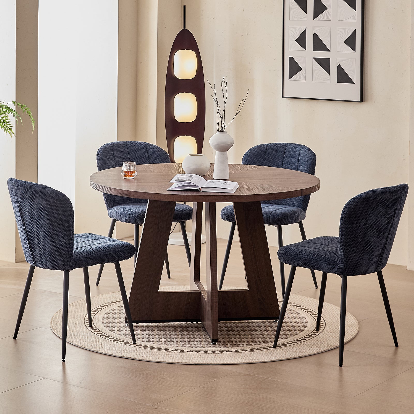 5 Piece 47" Round Dining Room Table Set for 4, [Fanned Base] [1.38" Thick Top] Wood Kitchen Table with 4 Blue Chenille Dining Chairs