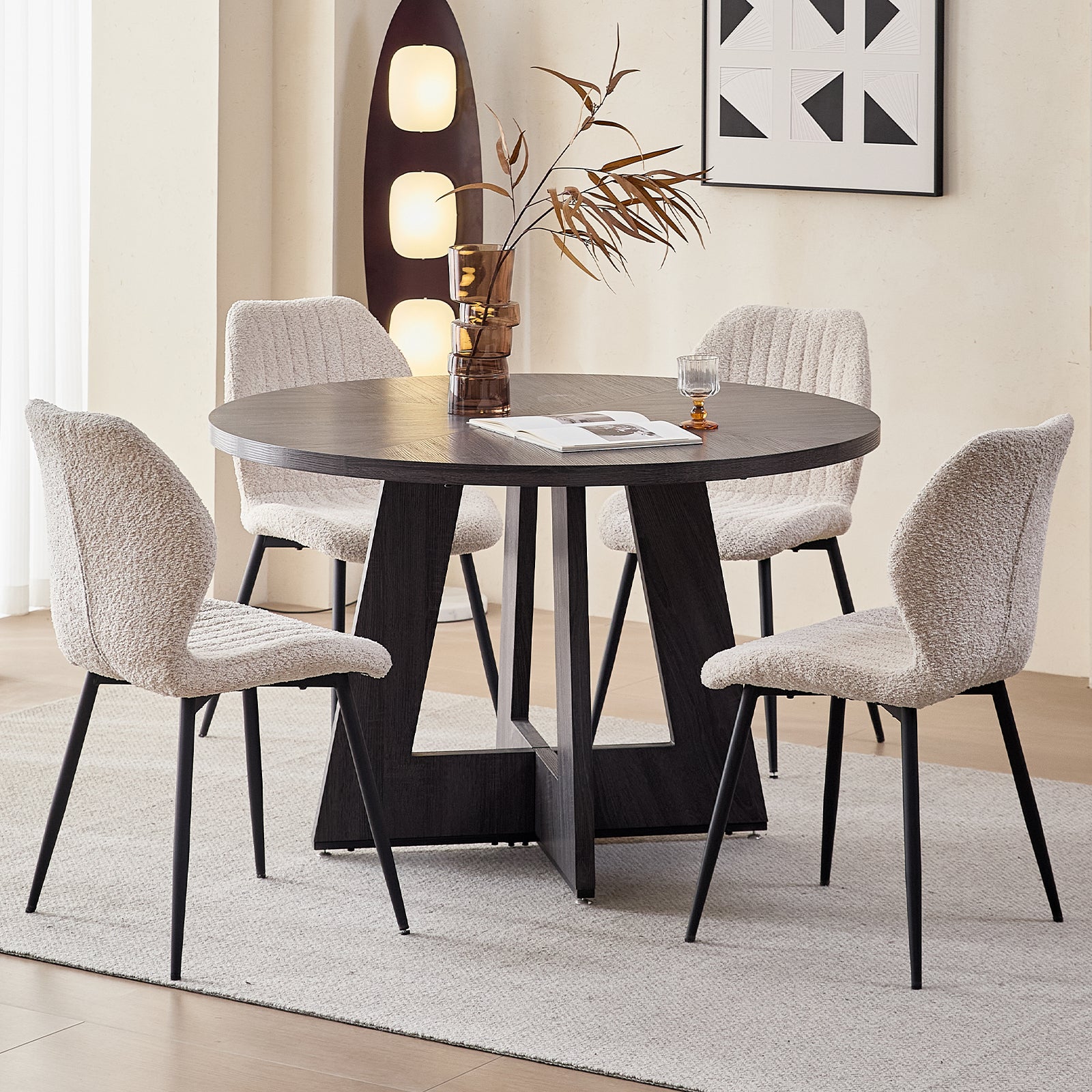 5 Piece 47'' Round Dining Table Chairs Set for 4, Farmhouse Gray Kitchen Table with 4 Boucle Mid Century Modern Dinning Room Chairs, Wood Dinner Table &Upholstered Chair Set of 4, Brown