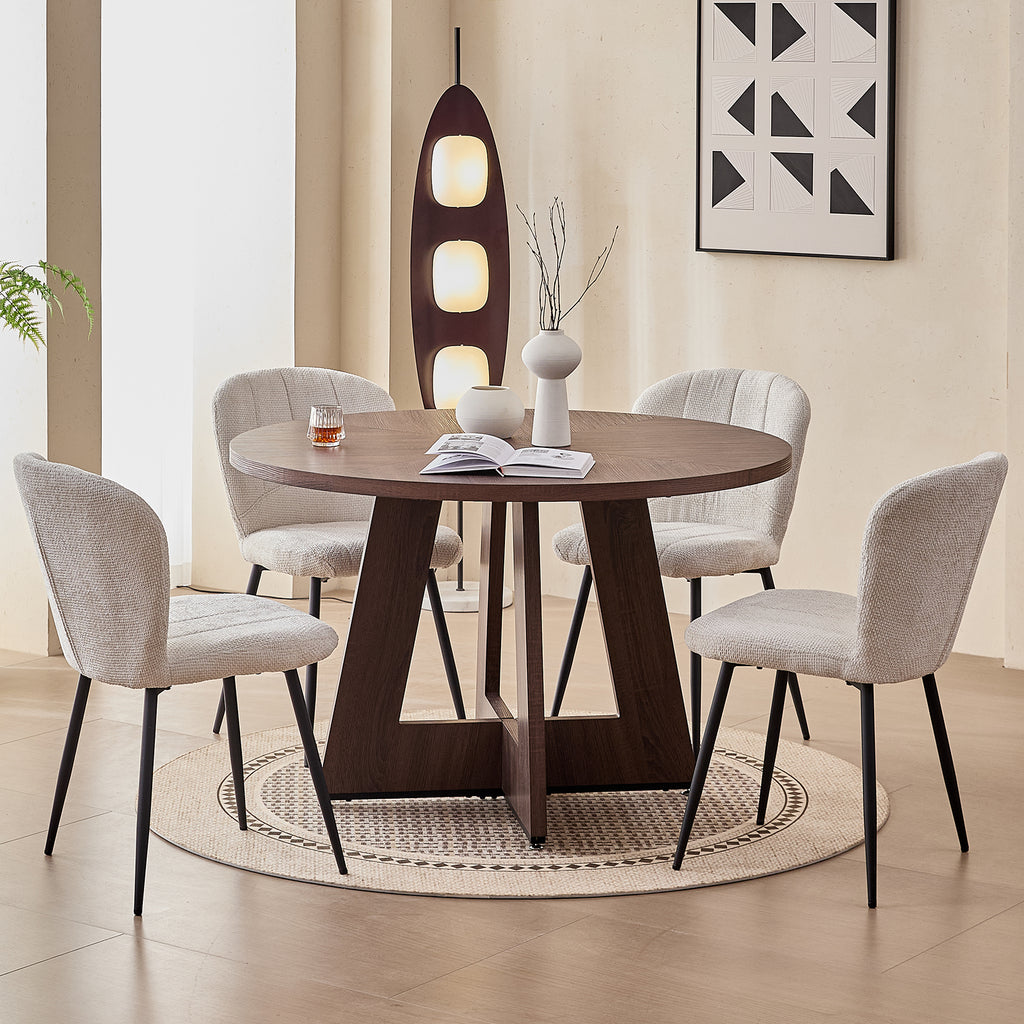 5 Piece 47" Round Dining Room Table Set for 4, [Fanned Base] [1.38" Thick Top] Wood Kitchen Table with 4 White Chenille Dining Chairs