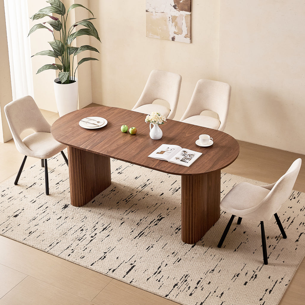 71" Brown Large Dining Table Set for 4 Modern Kitchen Table with Beige Boucle Upholstered Kitchen Chairs Set of 4