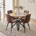 5 Pieces Round Dining Table Set - Mid-Century Oak Dining Table with 4 Brown Faux Leather Chairs Set, Coffee Table & Chairs with Black Metal Legs for Kitchen Dining Room, Apartment