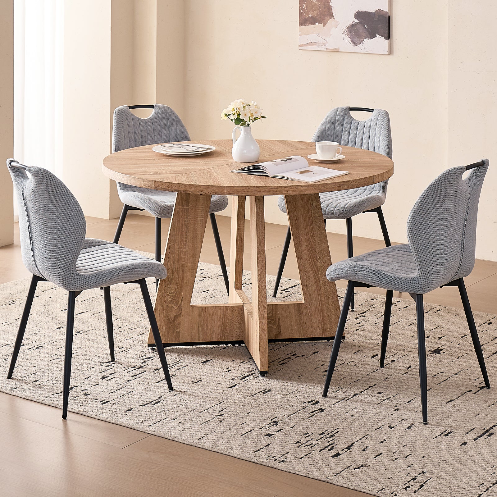 5 Piece 47'' Round Dining Table Chairs Set for 4, Farmhouse Oak Kitchen Table with 4 Scandi Mid Century Modern Dinning Room Chairs, Wood Dinner Table &Upholstered Fabric Chairs Set of 4, Gray