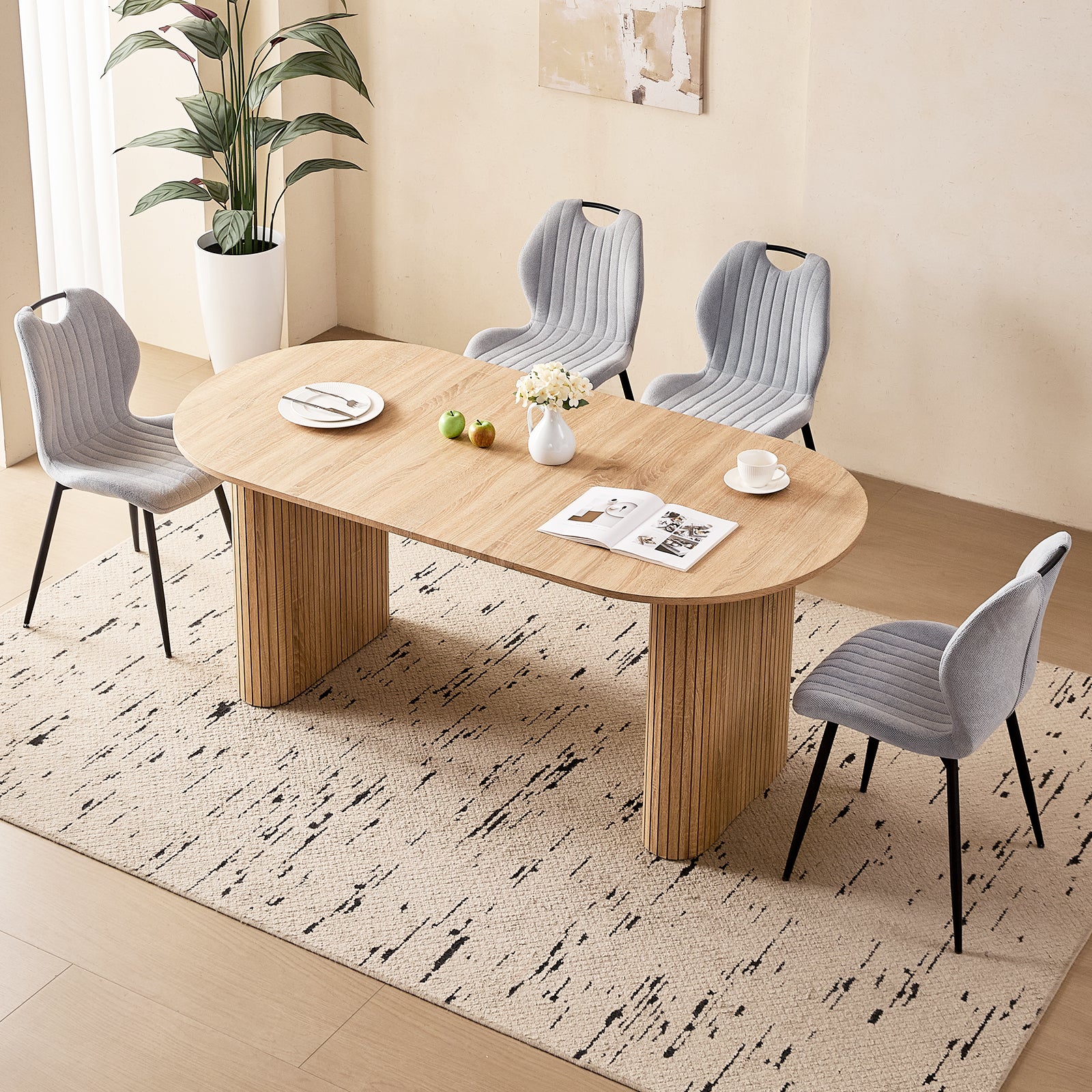 71" Large Dining Table Set for 4, Rounded Corners Farmhouse Modern Rectangle Wood Kitchen Table with Fabric Wingback Dining Chairs for Living Room Apartment Waiting Room