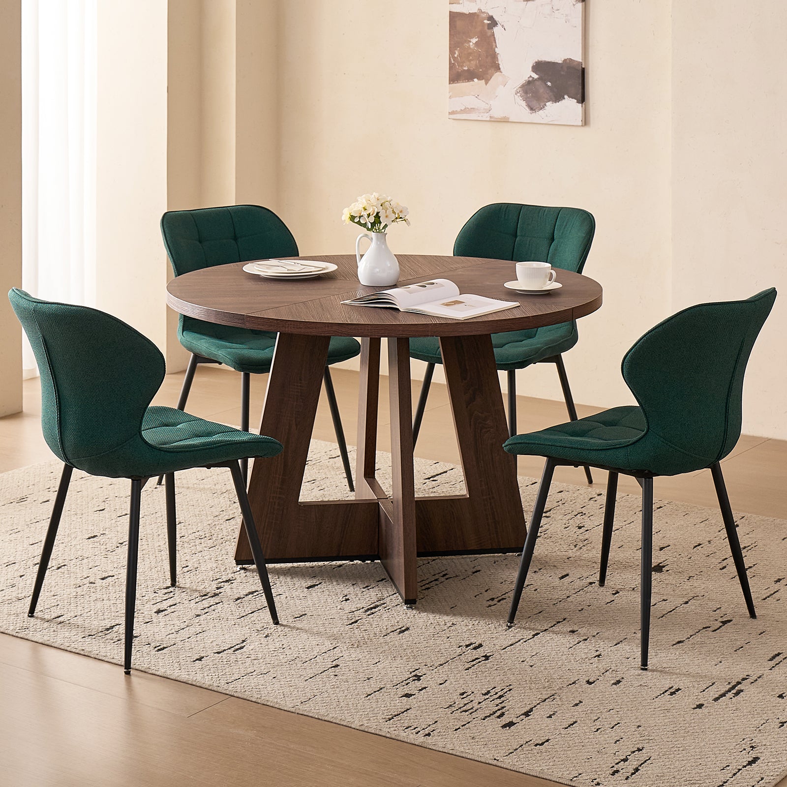 5 Piece 47'' Round Dining Table Chairs Set for 4, Farmhouse Walnut Kitchen Table and Chairs Mid Century Modern Wood Dining Table with 4 Water-Resistant Fabric Dining Chairs, Green