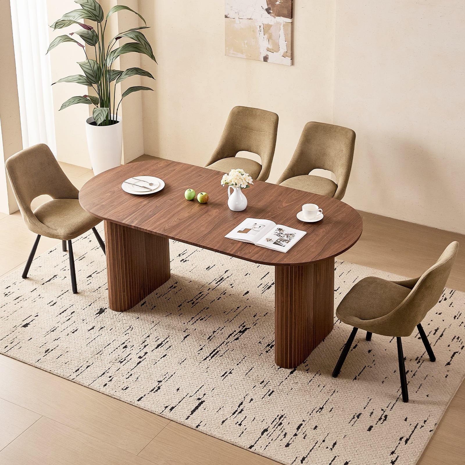 71" Brown Large Dining Table Set for 4 Modern Kitchen Table with Brown Boucle Upholstered Kitchen Chairs Set of 4