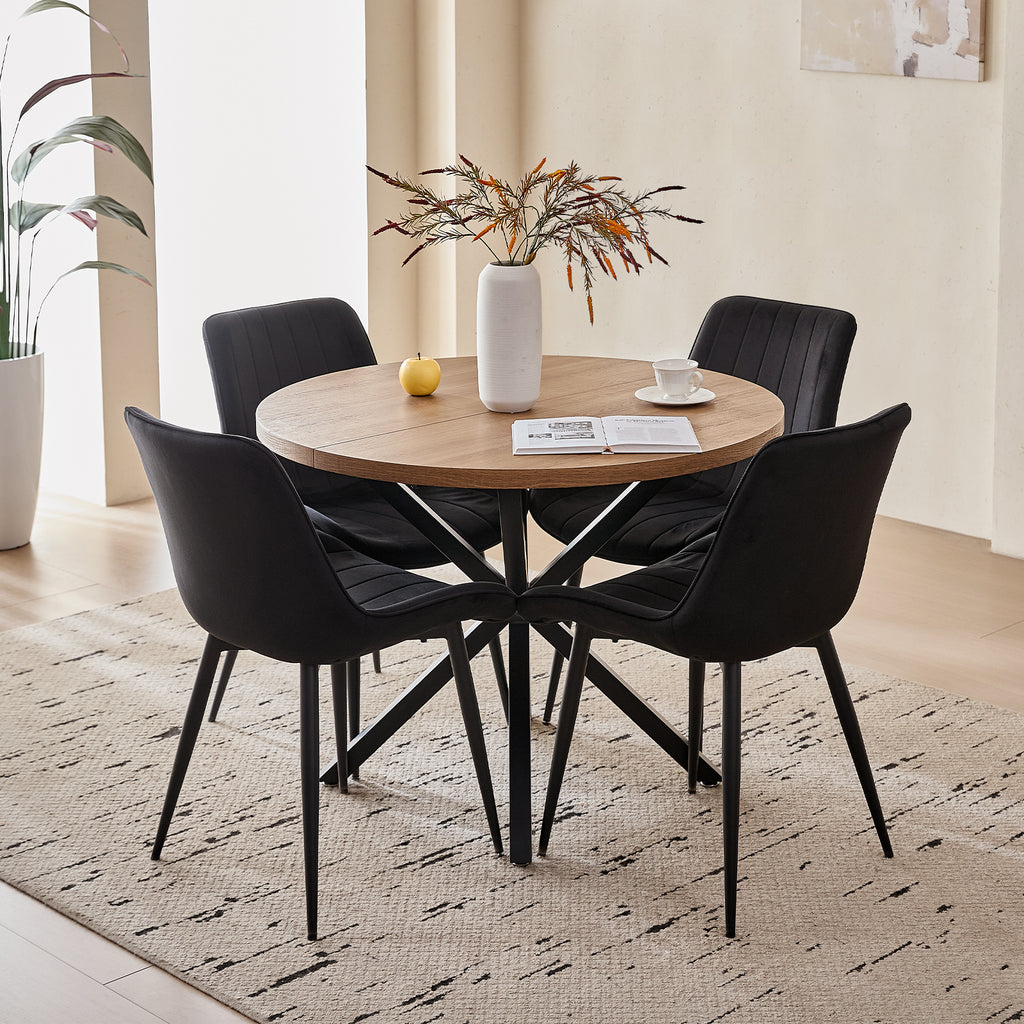 39" Round Dining Table Set for 4, Mid Century Kitchen Table with 4 Black Upholstered Dining Chairs for Apartment Living Room Space Saving,Brown Table
