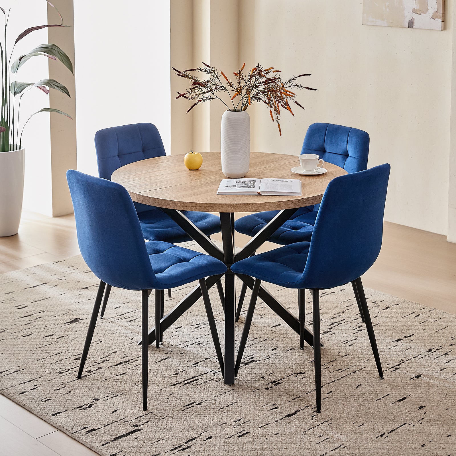5 Piece Round Dining Table Chairs Set for 4 - Mid-Century Modern Oak Kitchen Table with 4 Blue Velvet Chairs, Coffee Table & Chair with Black Metal Legs for Dining Living Room, Apartment