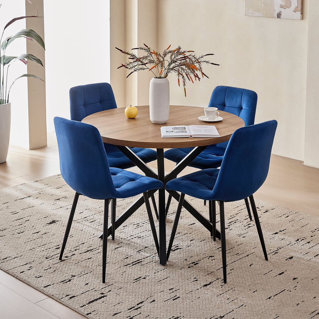 5 Piece Round Dining Table Chairs Set for 4 - Mid-Century Modern Brown Kitchen Table with 4 Blue Velvet Chairs, Coffee Table & Chair with Black Metal Legs for Dining Living Room, Apartment