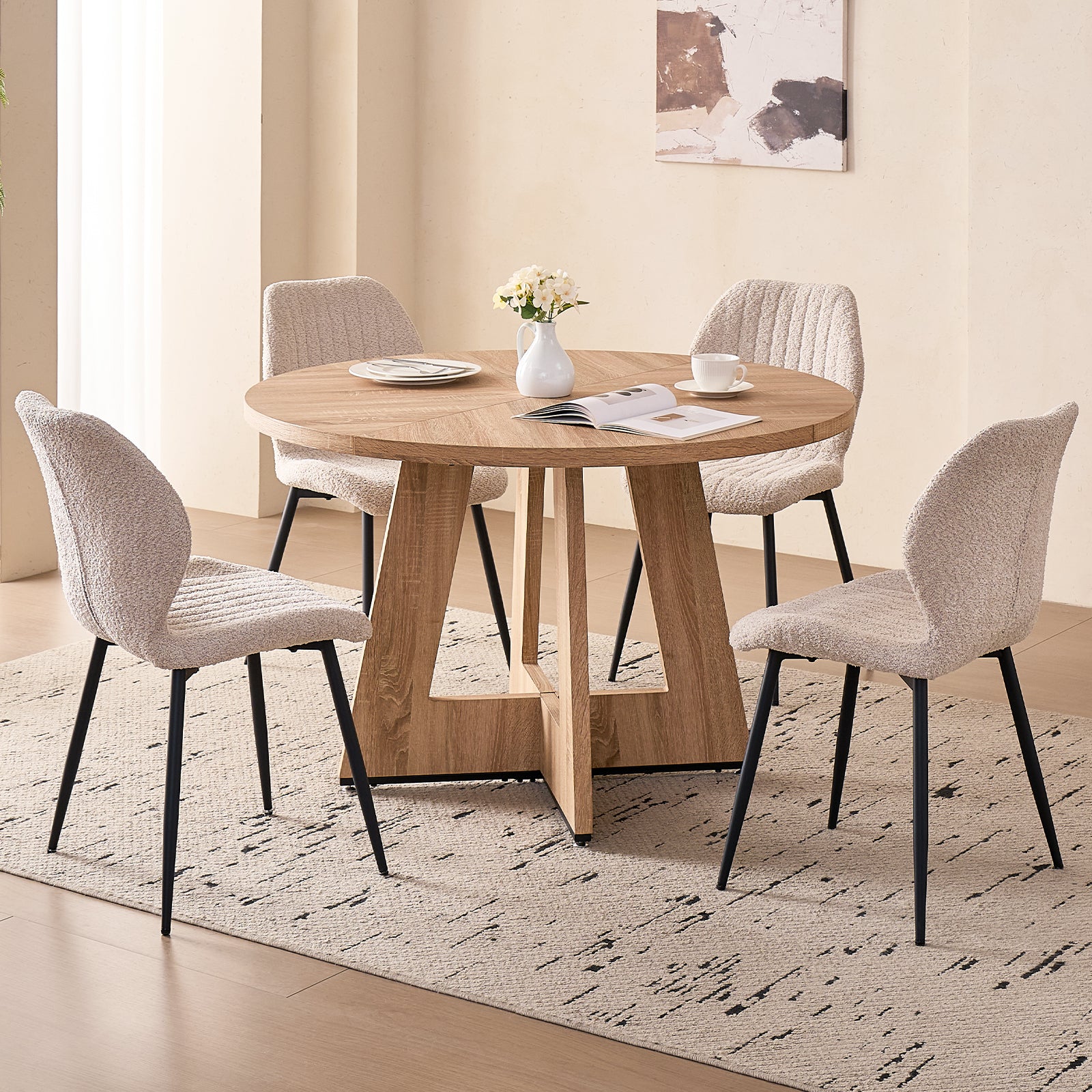 5 Piece 47'' Round Dining Table Chairs Set for 4, Farmhouse Oak Kitchen Table with 4 Boucle Mid Century Modern Dinning Room Chairs, Wood Dinner Table &Upholstered Chair Set of 4, Beige