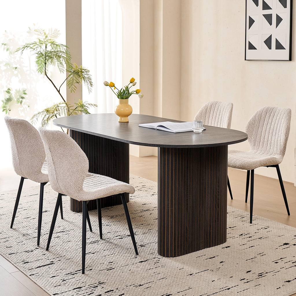 71" Large Dining Table Set for 4, Rounded Corners Farmhouse Modern Rectangle Wood Kitchen Table with Boucle Chairs Set of 4
