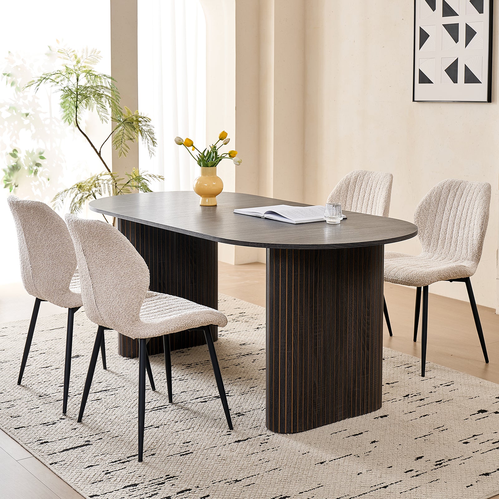 71" Large Dining Table Set for 4, Rounded Corners Farmhouse Modern Rectangle Wood Kitchen Table with Boucle Chairs Set of 4