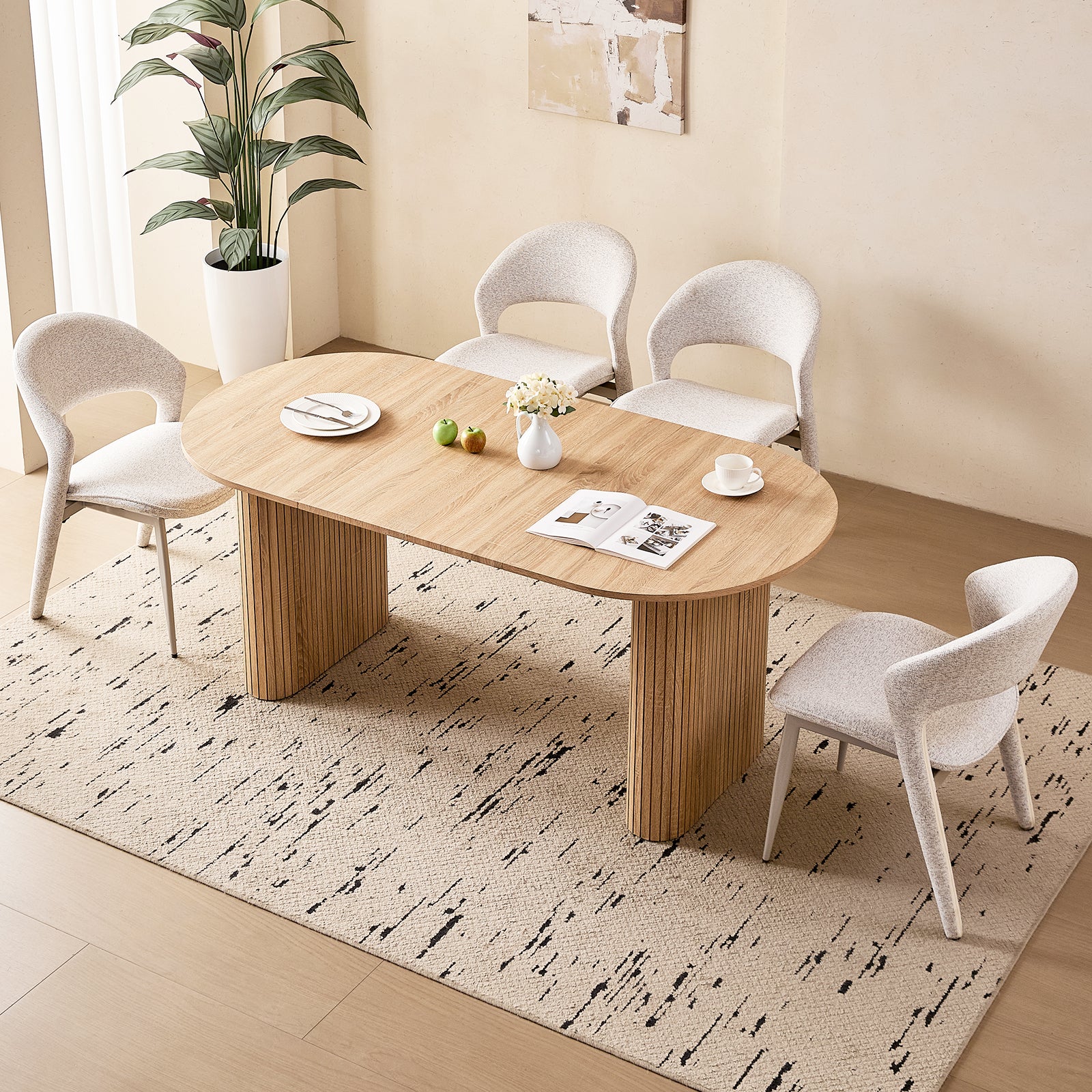 71" Natural Large Dining Table Set for 4 Modern Kitchen Table with White Linen Upholstered Kitchen Chairs Set of 4