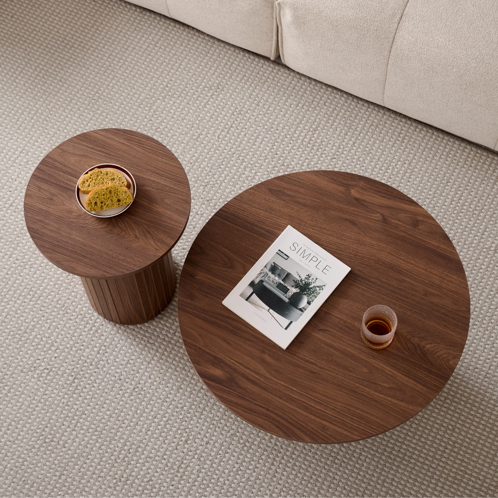Round Nesting Coffee Tables Set of 2, Boho Wood Circle Side Table Fluted Drum for Living Room Bedroom, Apartment(Walnut)