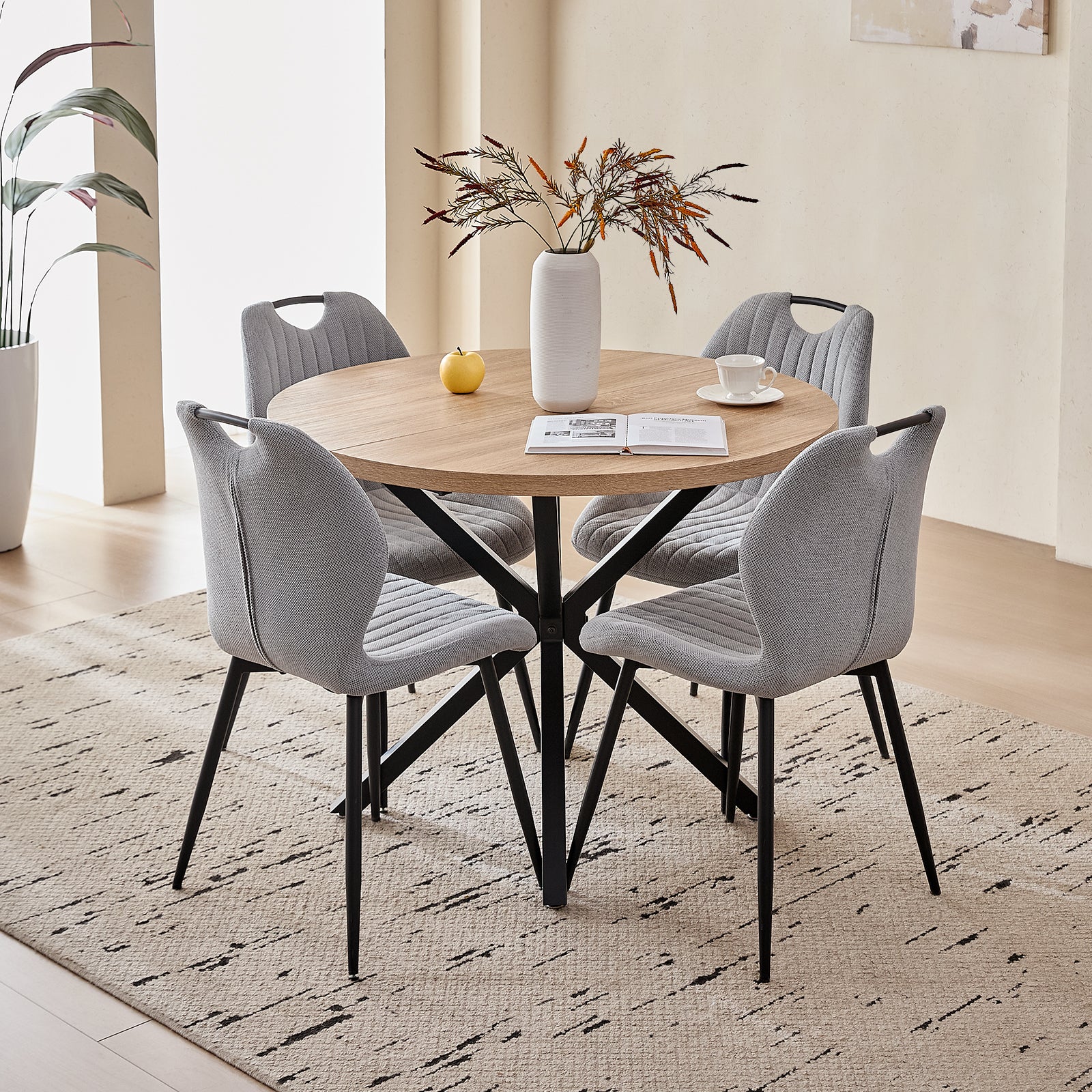 5 Piece 39" Round Dining Table Set for 4, Mid Century Kitchen Table with 4 Khaki Gray Upholstered Dining Chairs for Apartment Living Room, Space Saving Table.