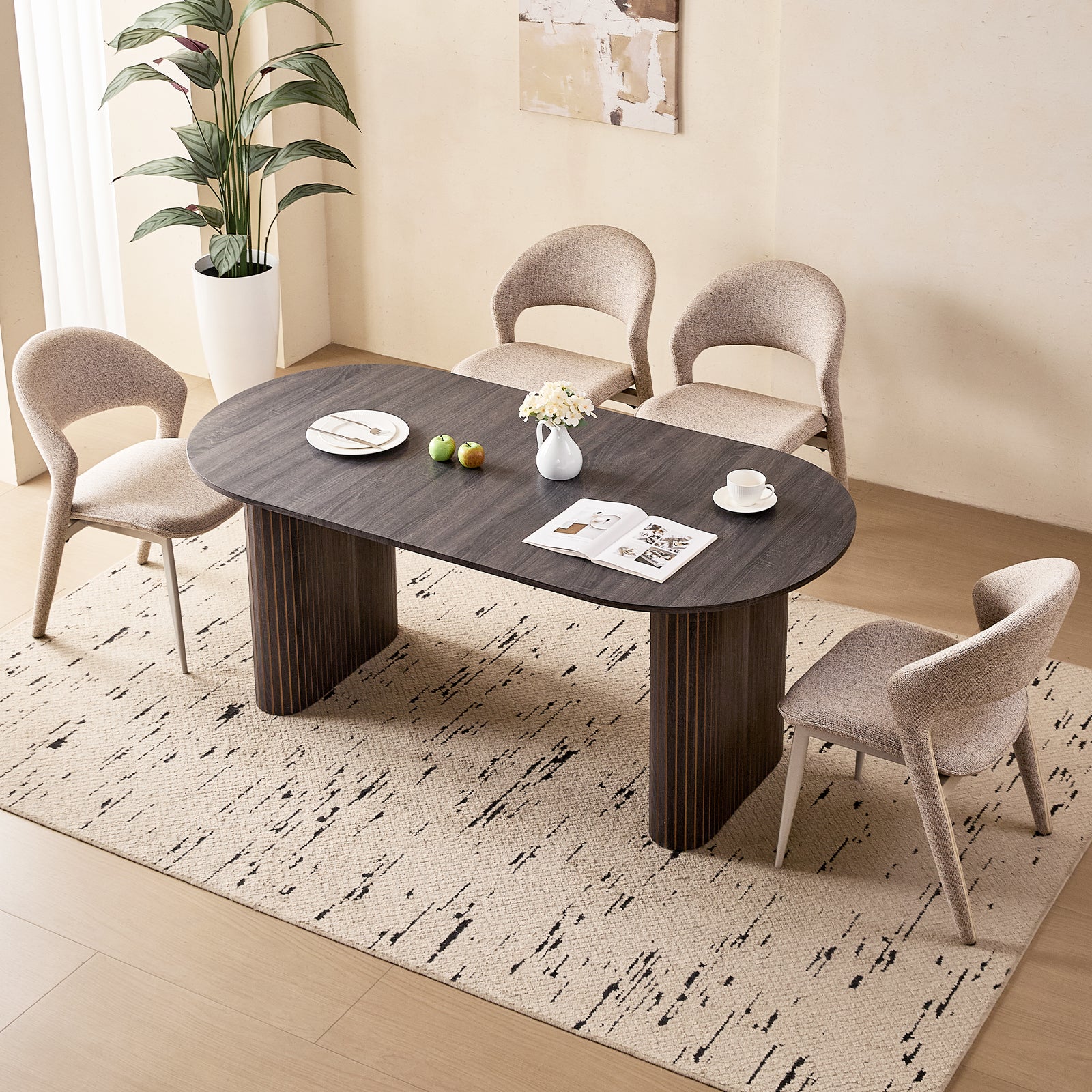 71" Black Large Dining Table Set for 4 Modern Kitchen Table with Brown Linen Upholstered Kitchen Chairs Set of 4