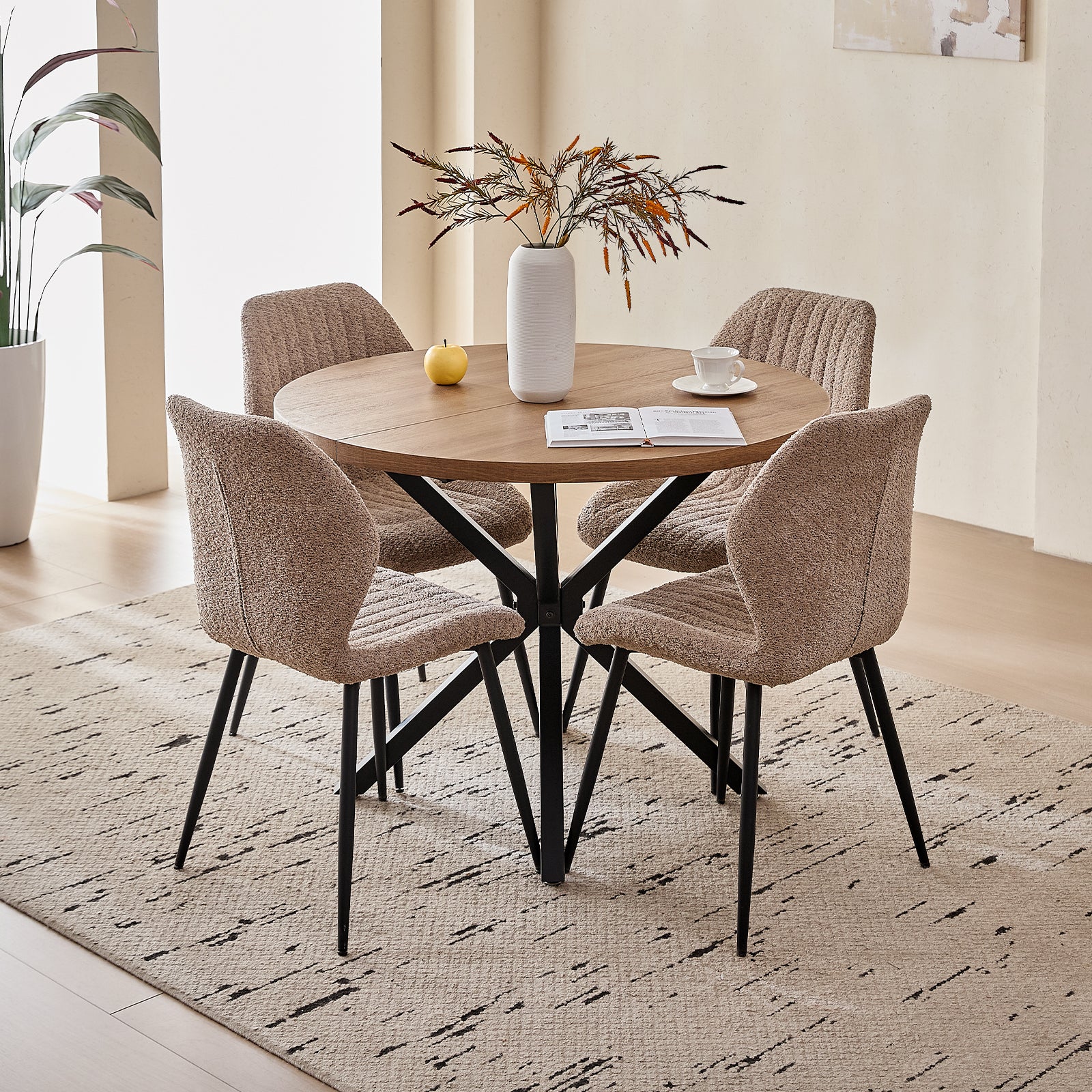 39" Round Dining Table Set for 4, Mid Century Kitchen Table with 4 Brown Upholstered Dining Chairs for Apartment Living Room Space Saving,Brown Table