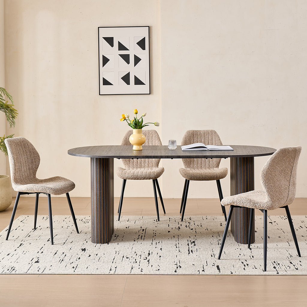 71" Large Dining Table Set for 4, Rounded Corners Farmhouse Modern Rectangle Wood Kitchen Table with Boucle Chairs Set of 4