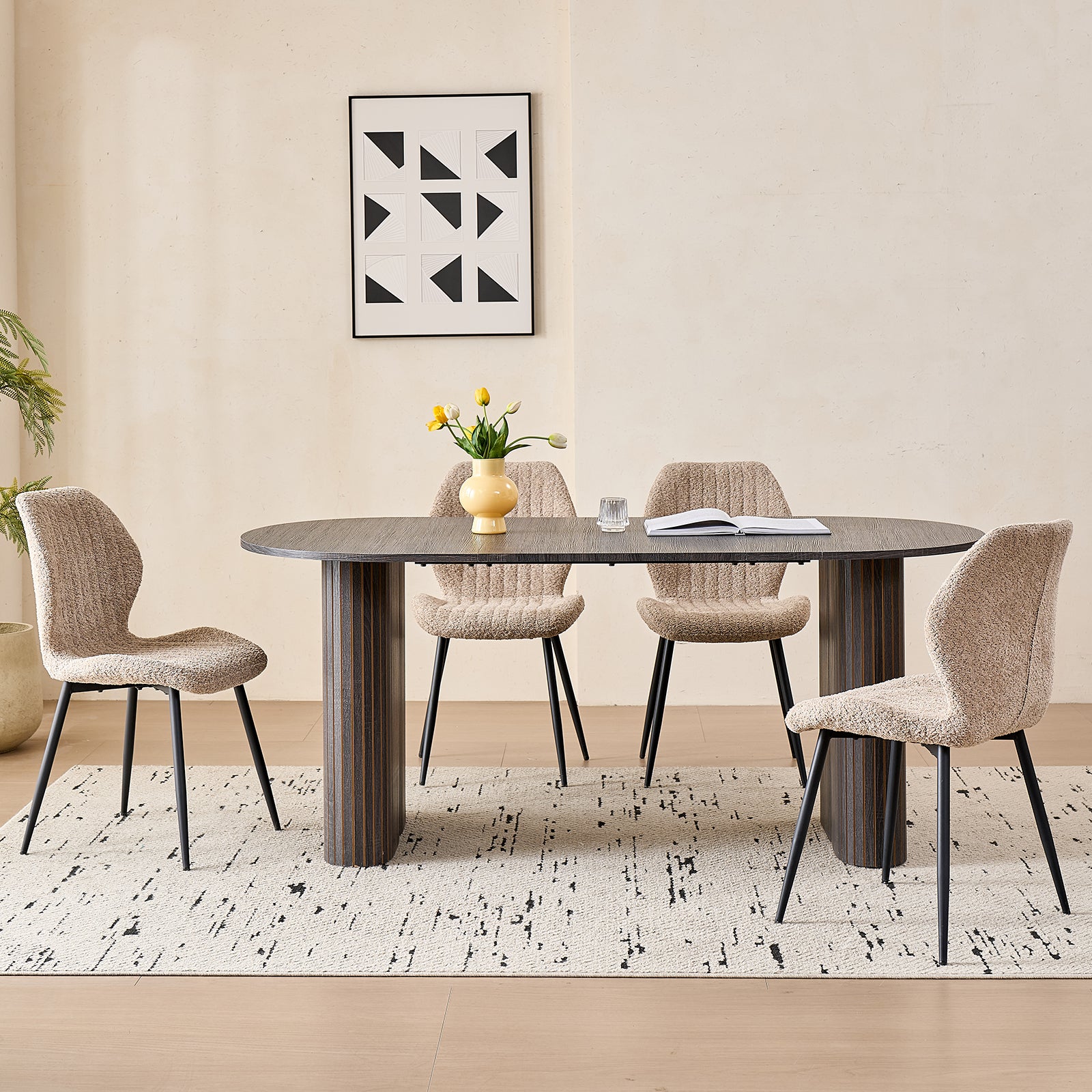 71" Large Dining Table Set for 4, Rounded Corners Farmhouse Modern Rectangle Wood Kitchen Table with Boucle Chairs Set of 4