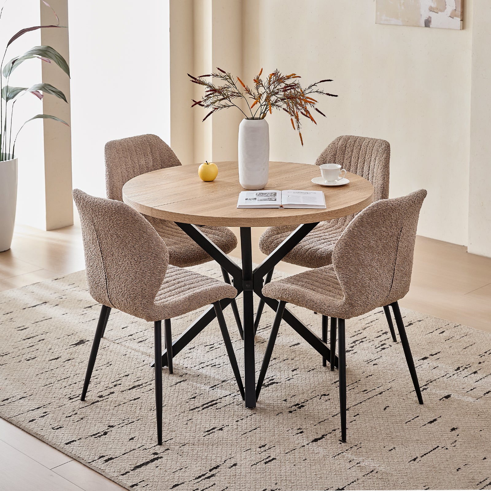 39" Round Dining Table Set for 4, Mid Century Kitchen Table with 4 Brown Upholstered Dining Chairs for Apartment Living Room Space Saving,Natural Table