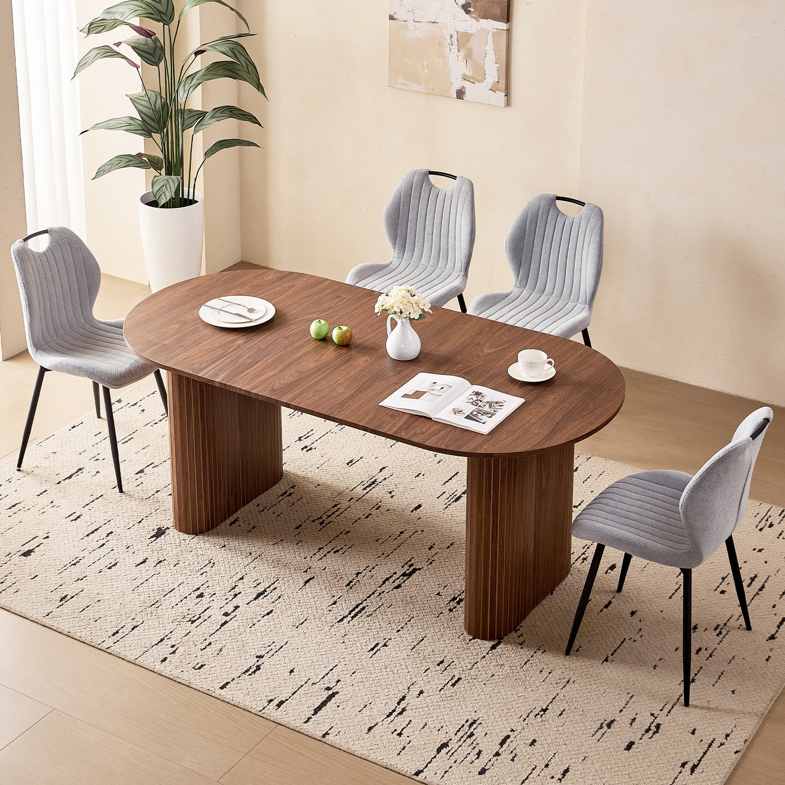 71" Large Dining Table Set for 4, Rounded Corners Farmhouse Modern Rectangle Wood Kitchen Table with Fabric Wingback Dining Chairs for Living Room Apartment Waiting Room